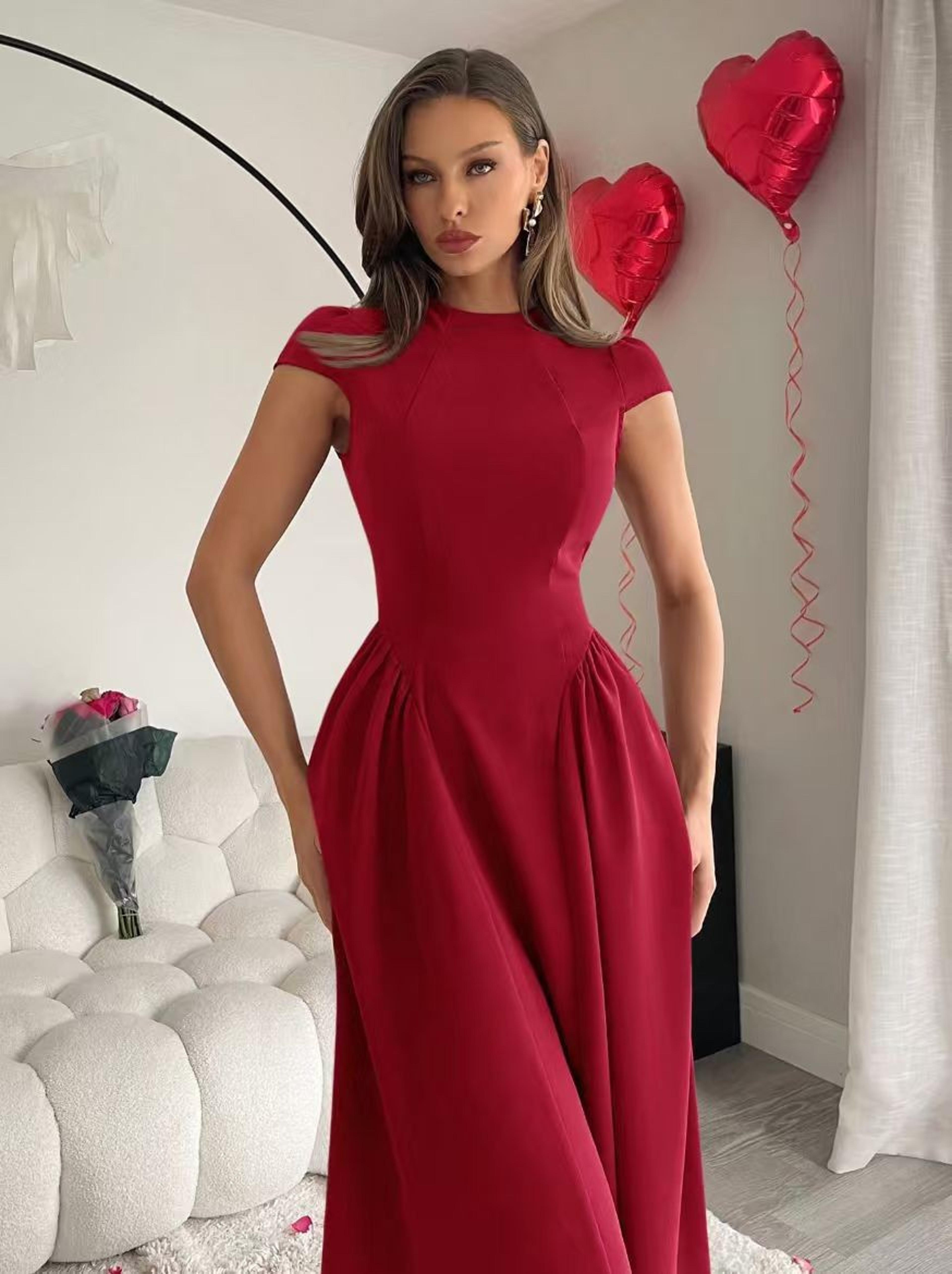 Elegant High Waist Flare Midi Dress For Women Summer Cocktail Party Dress 4