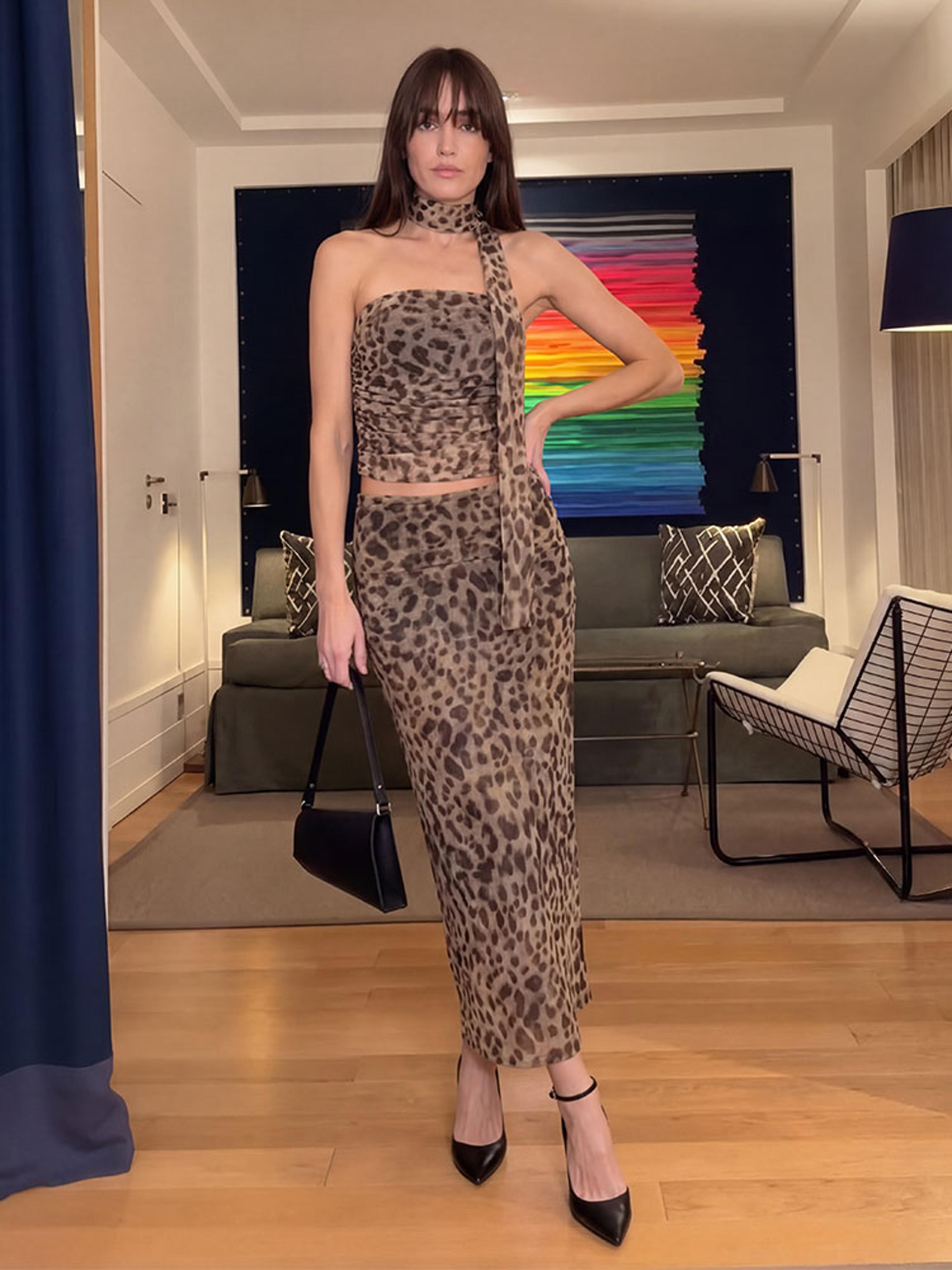 Wild Luxe Leopard Strapless Crop Top  Maxi Skirt Set For Women 4