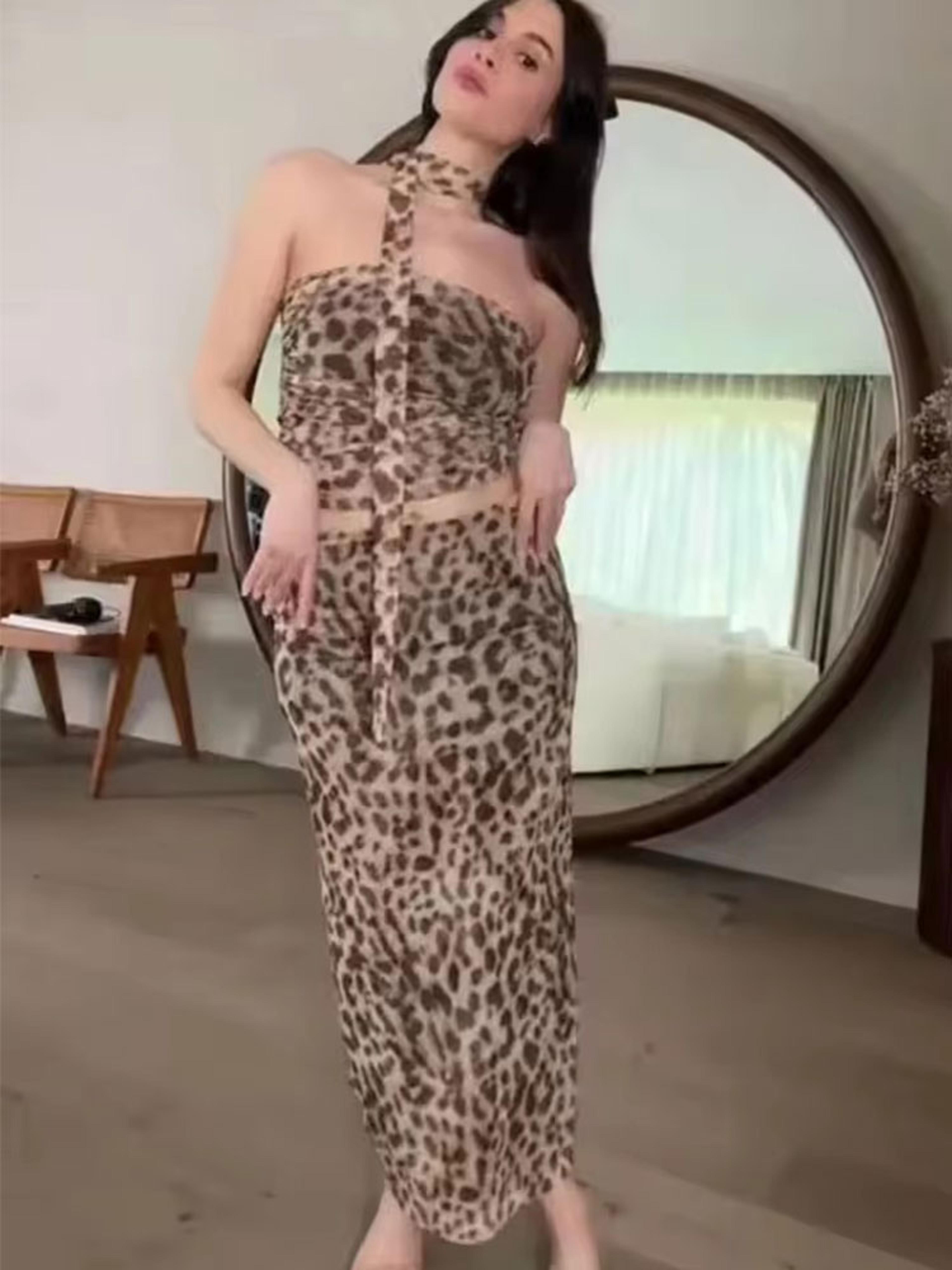 Wild Luxe Leopard Strapless Crop Top  Maxi Skirt Set For Women 6
