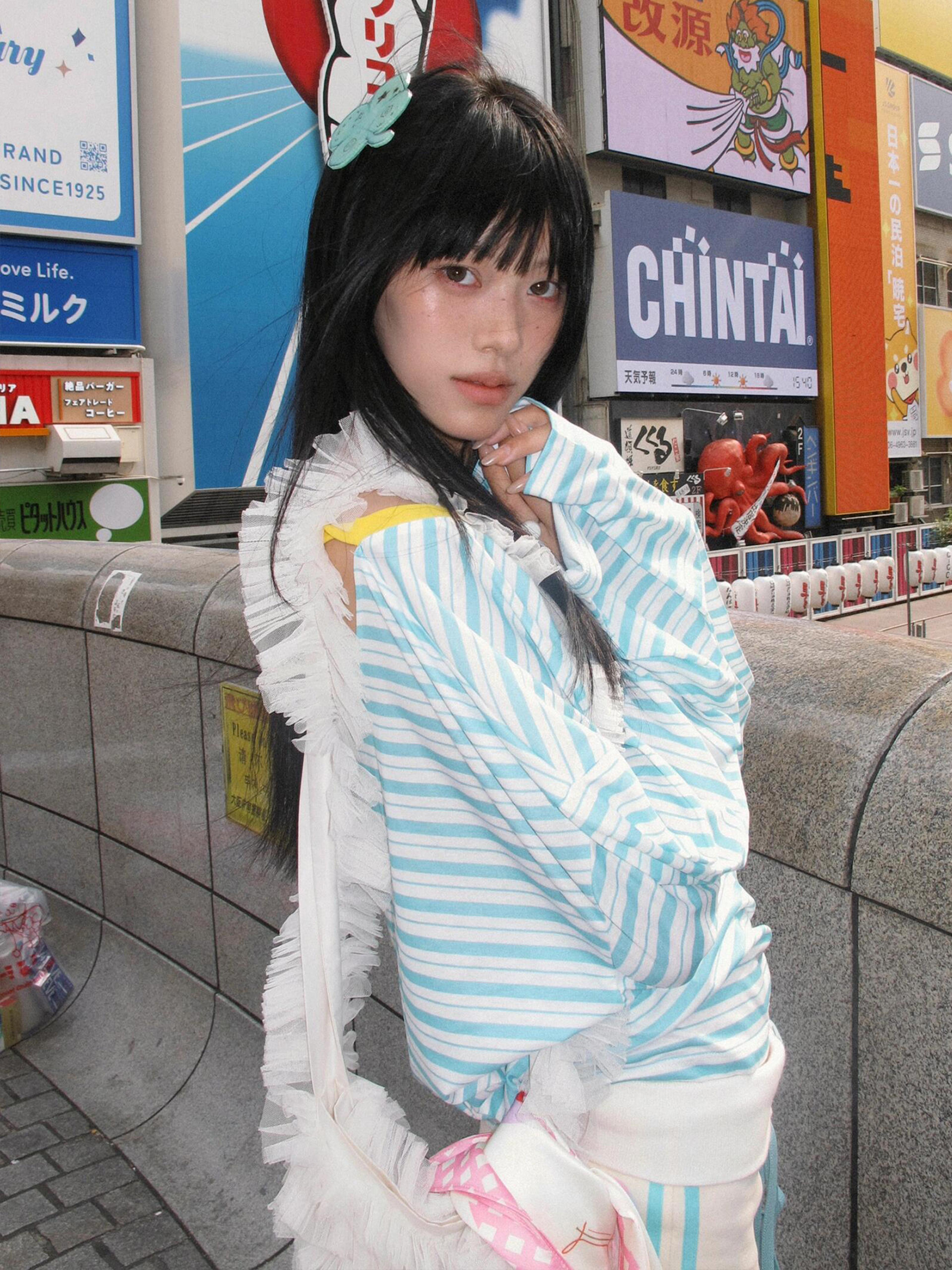 Striped Off Shoulder VNeck Long Sleeve Top Korean Vintage Tee 3