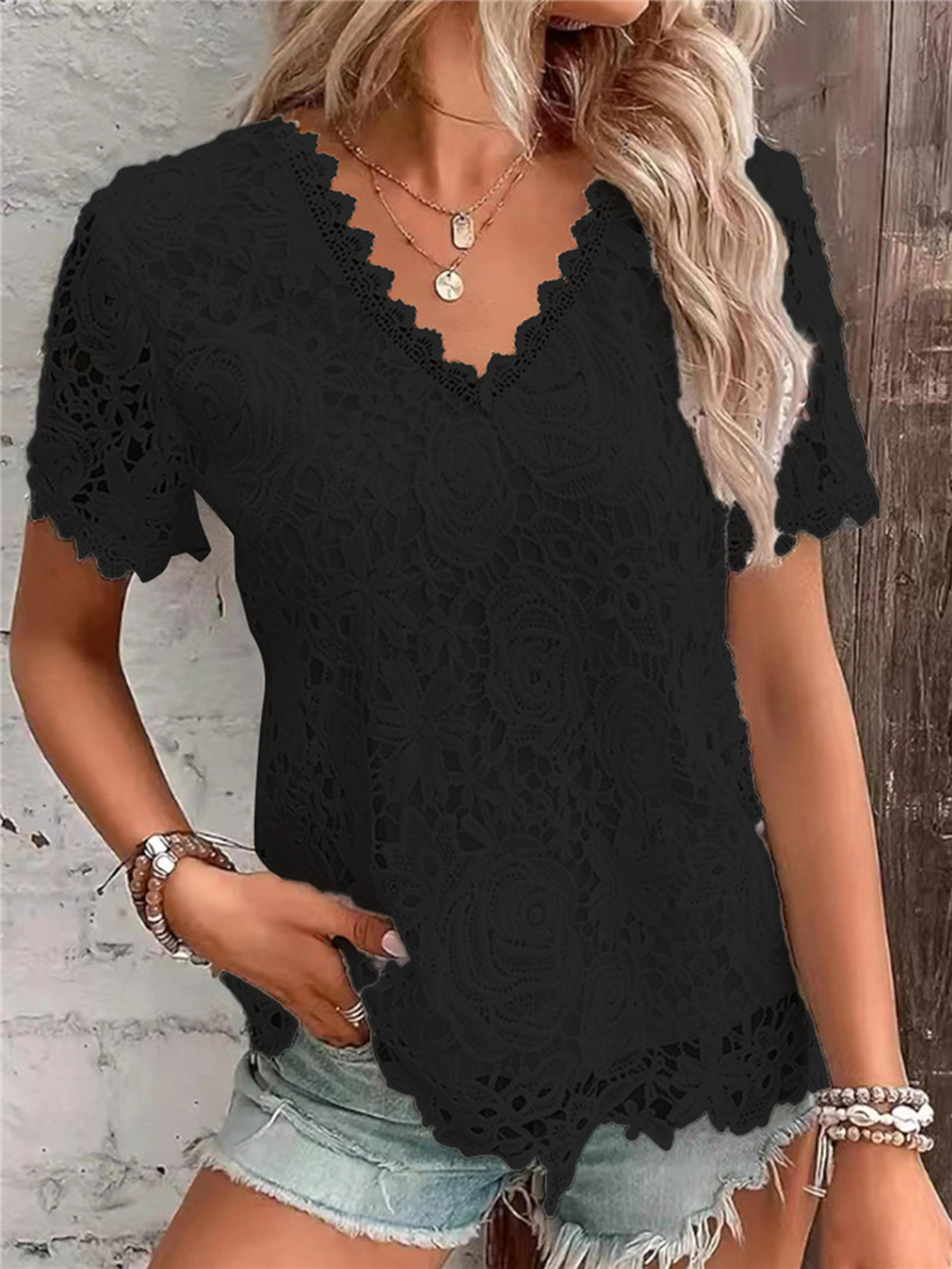 Elegant Lace White V Neck Women Blouse Slim Fit Summer Office Casual Top 1