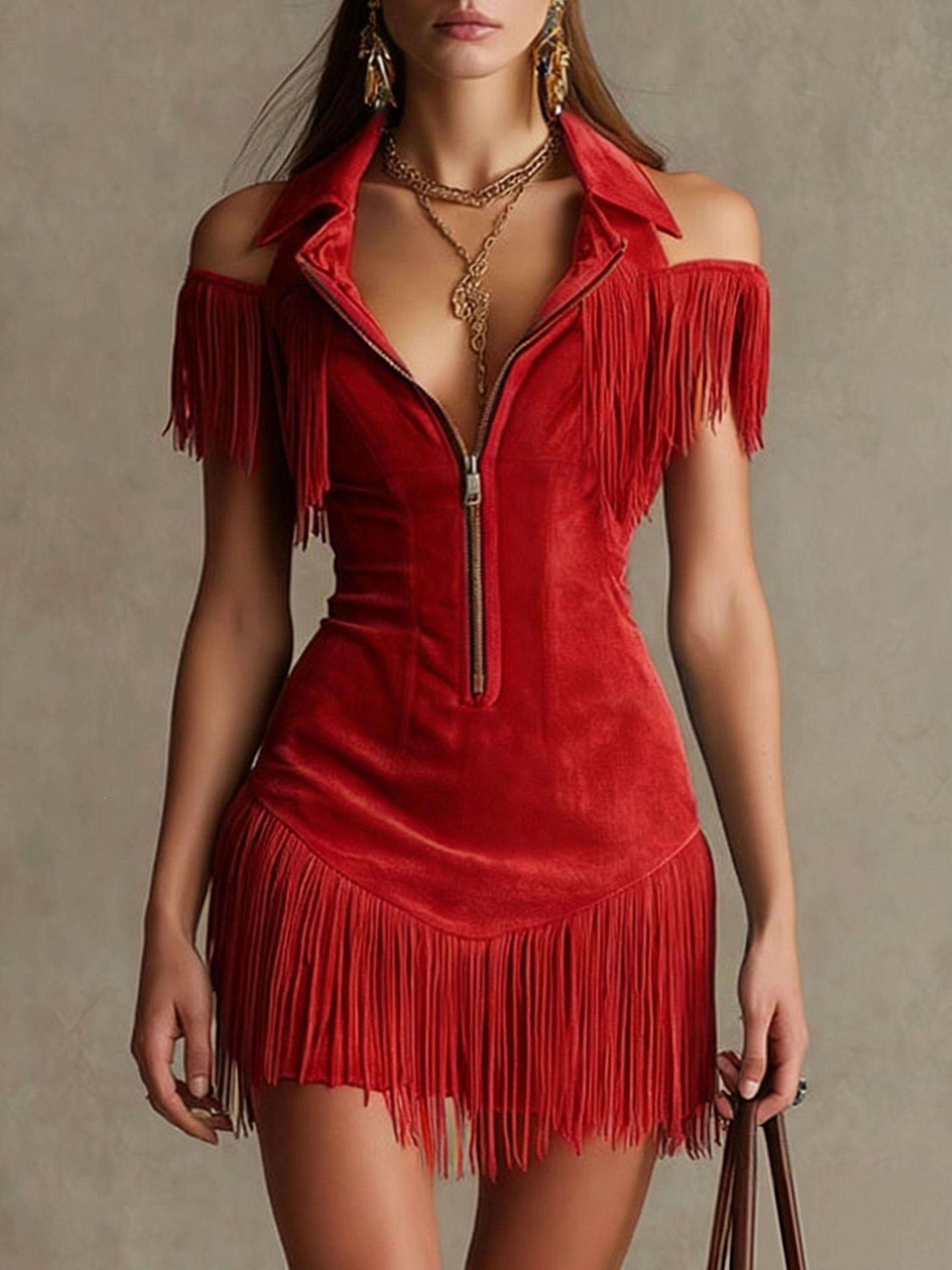 Frontier Chic Suede Fringe Mini Dress Western Bodycon Cold Shoulder Party Dress 1