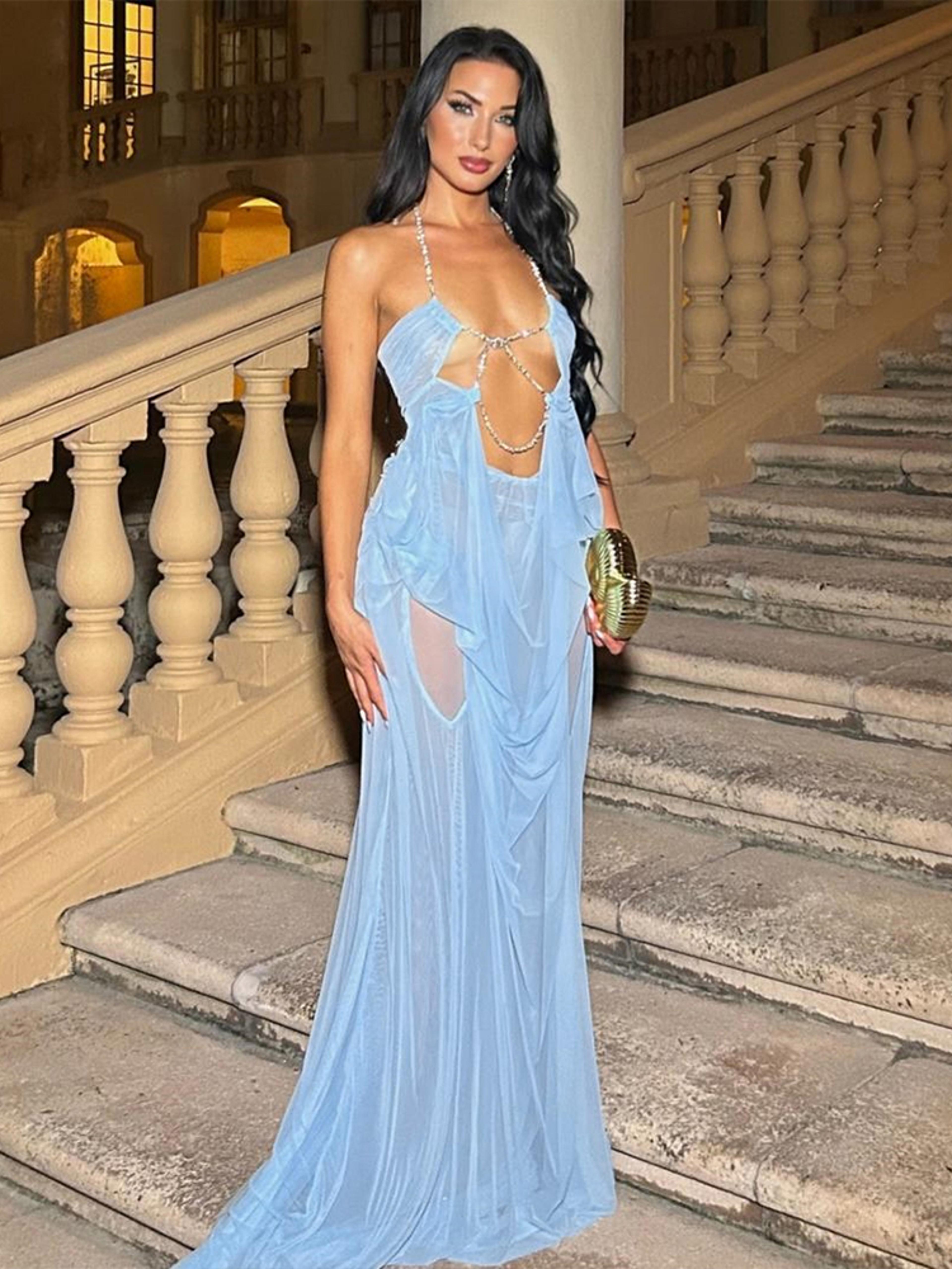 Kliou Luxury Chain Halter Backless Maxi Dress For Prom Evening  Cocktail Parties 2