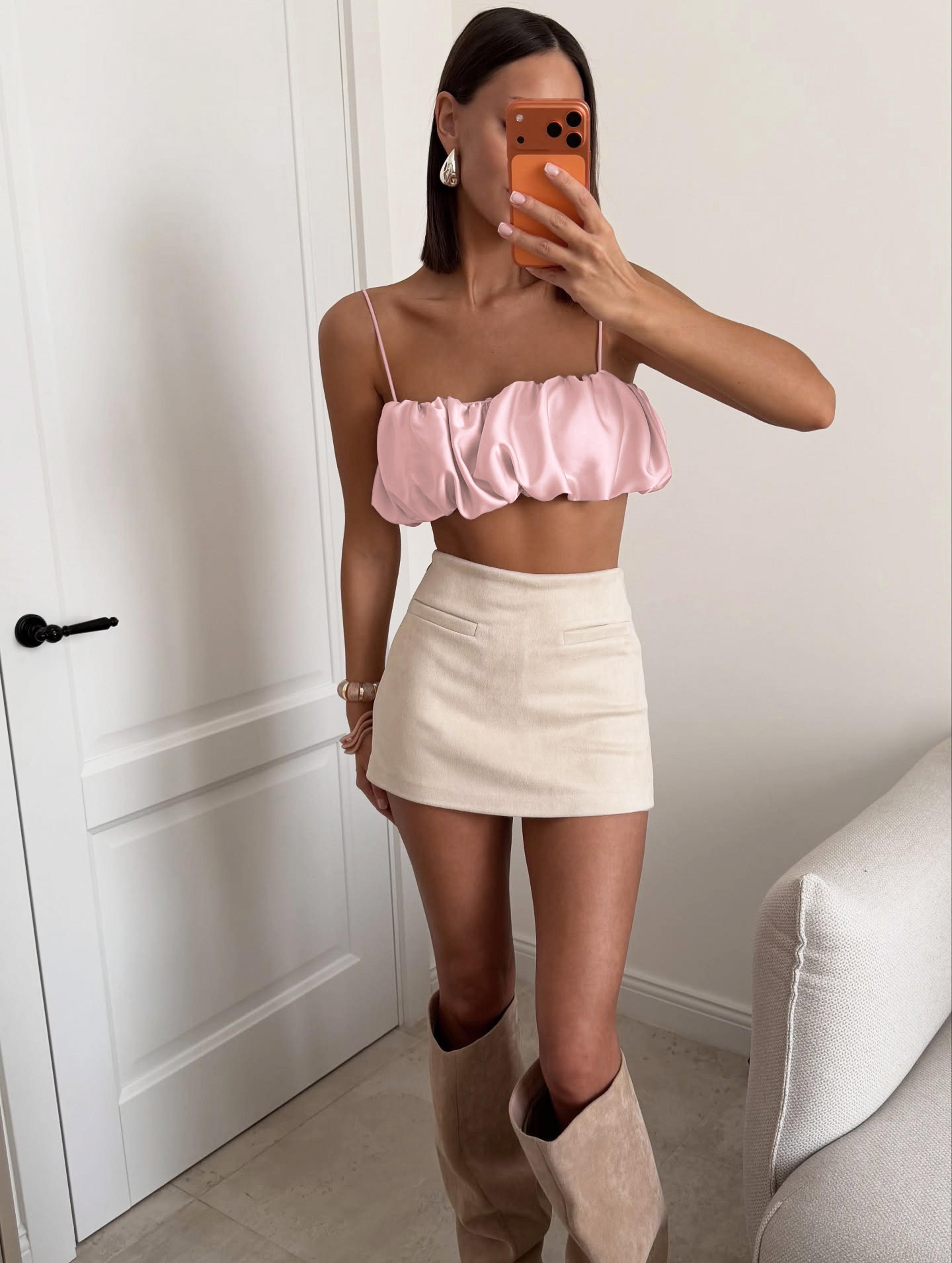 Elegant Satin Bubble Crop Top For Women Chic Summer Slip Crop Blouse 6