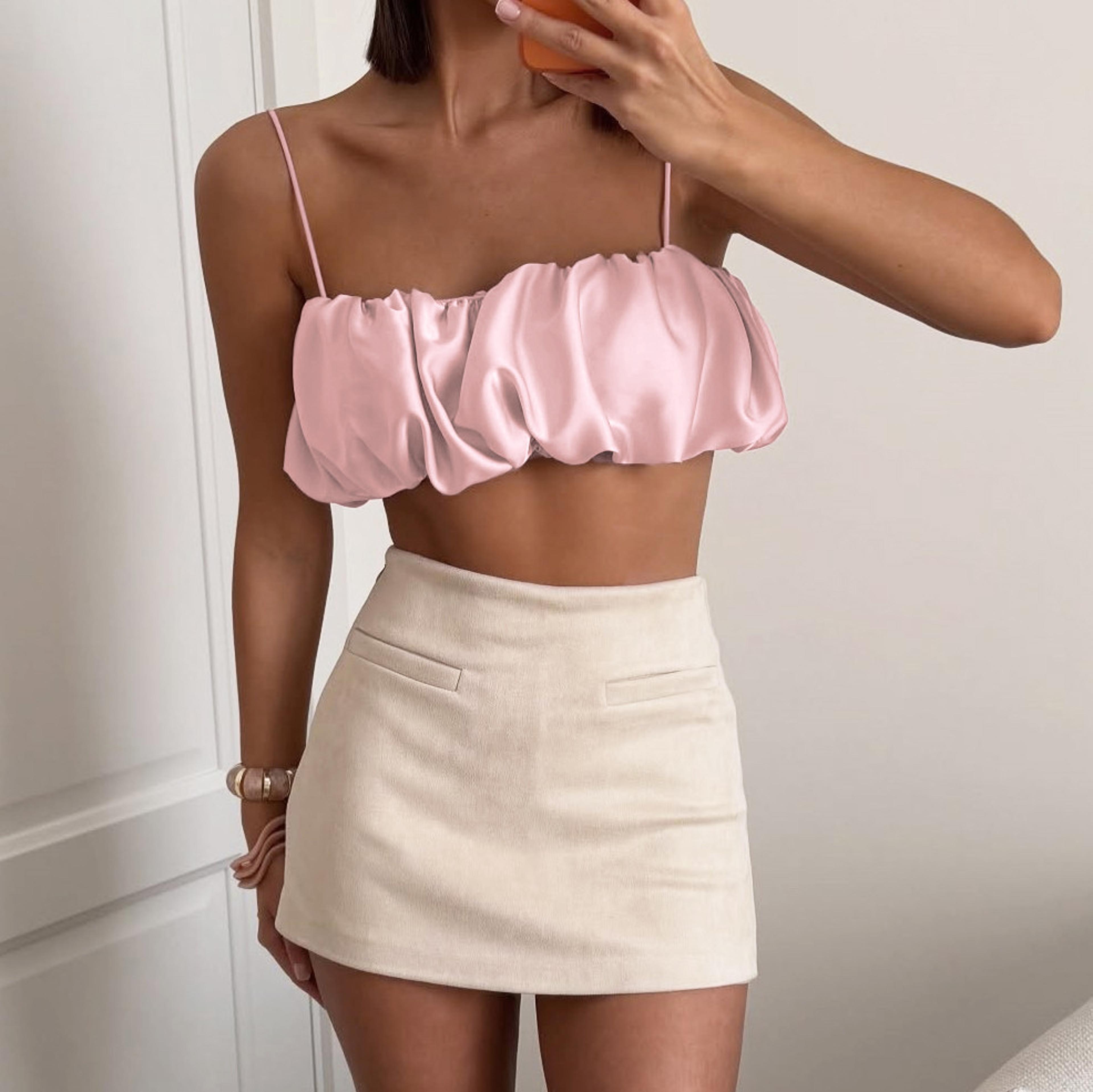 Elegant Satin Bubble Crop Top For Women Chic Summer Slip Crop Blouse 2