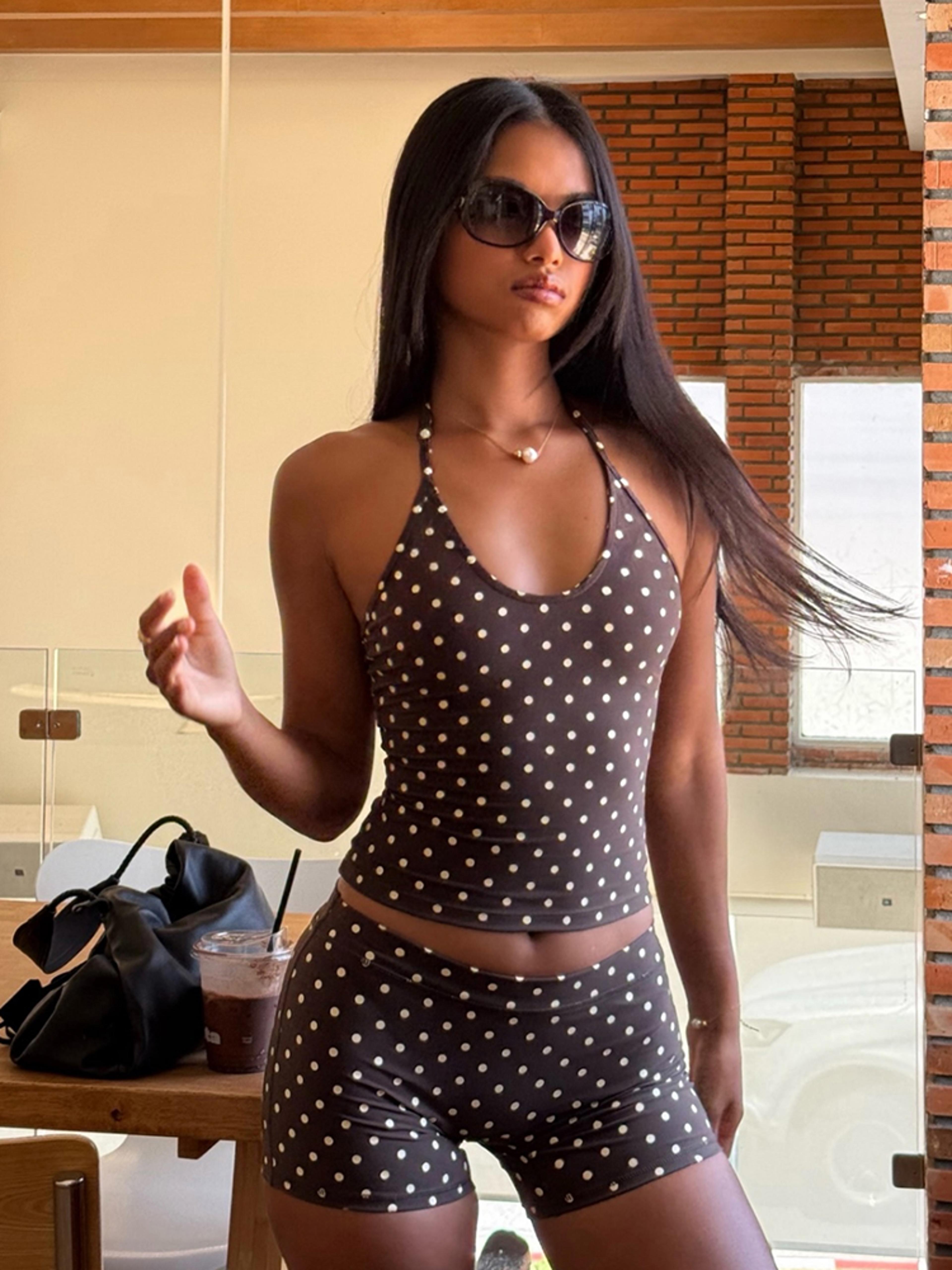 Retro Chic Polka Dot Halter Top  Biker Shorts Set For Women 0