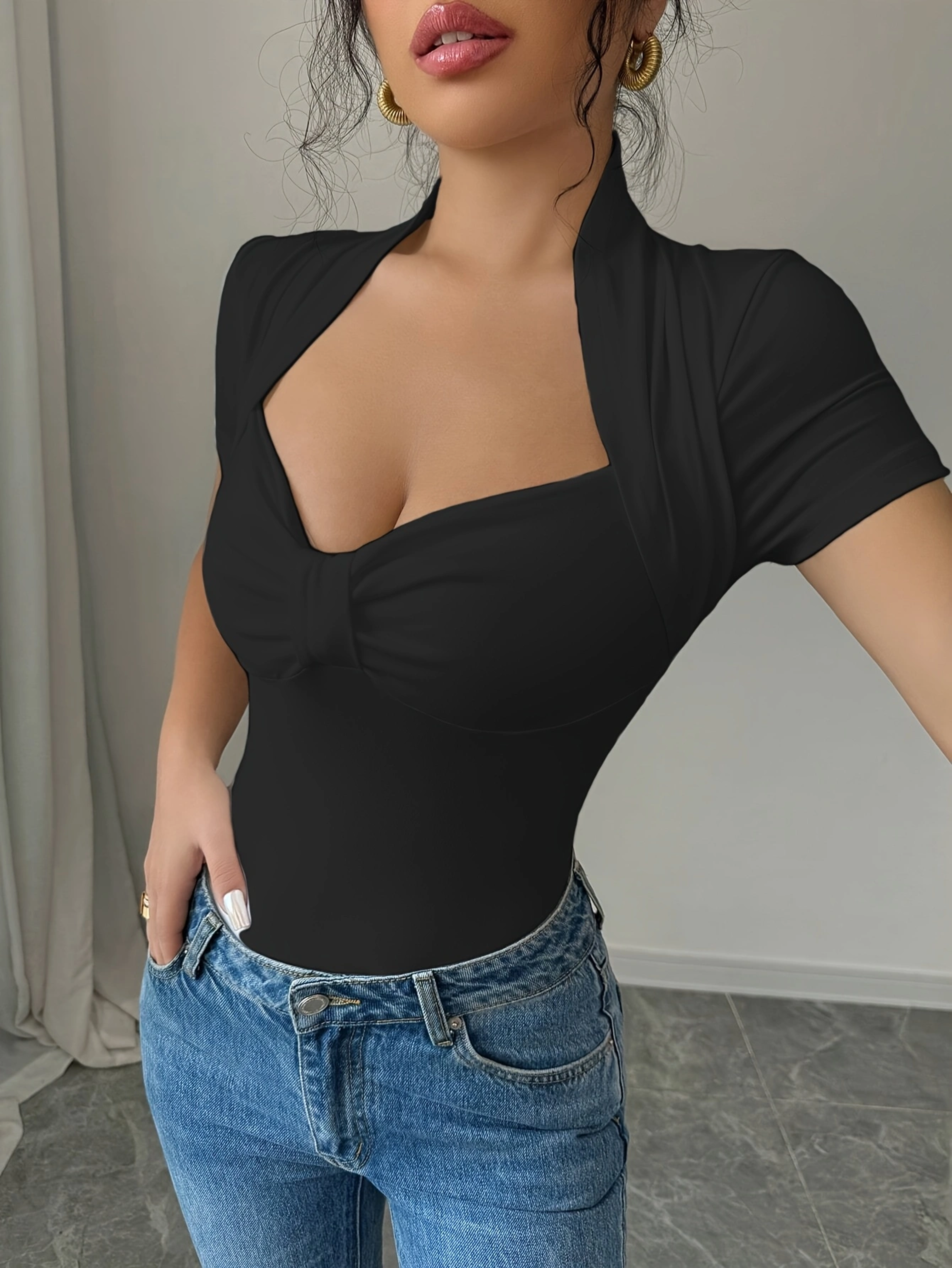 Elegant Curve Plus Size VNeck Slim Fit TShirt For Women Casual Short Sleeve Essential Top 1