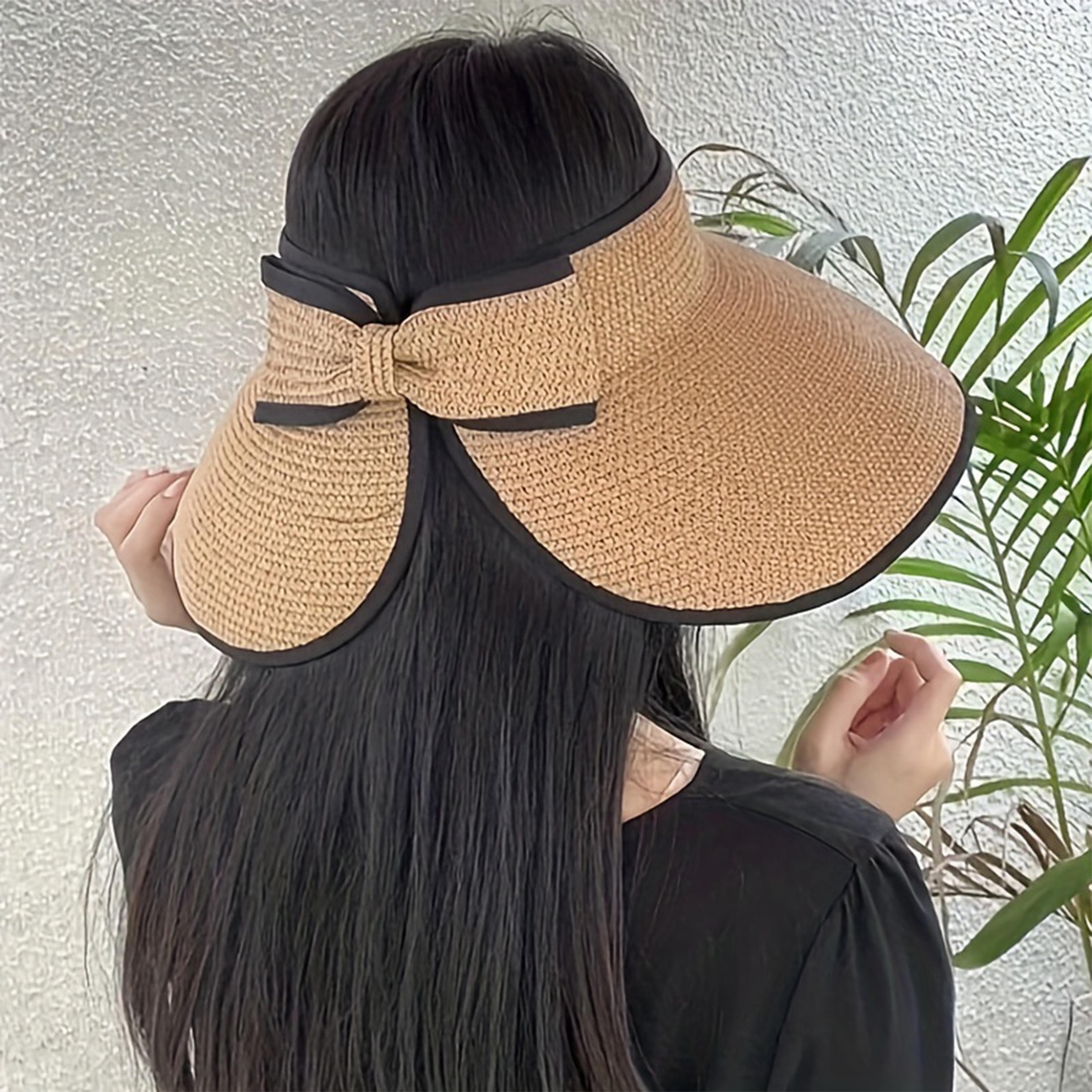 Wide Brim Straw Hat For Women Foldable Beach Sun Hat With Bow Accent 4