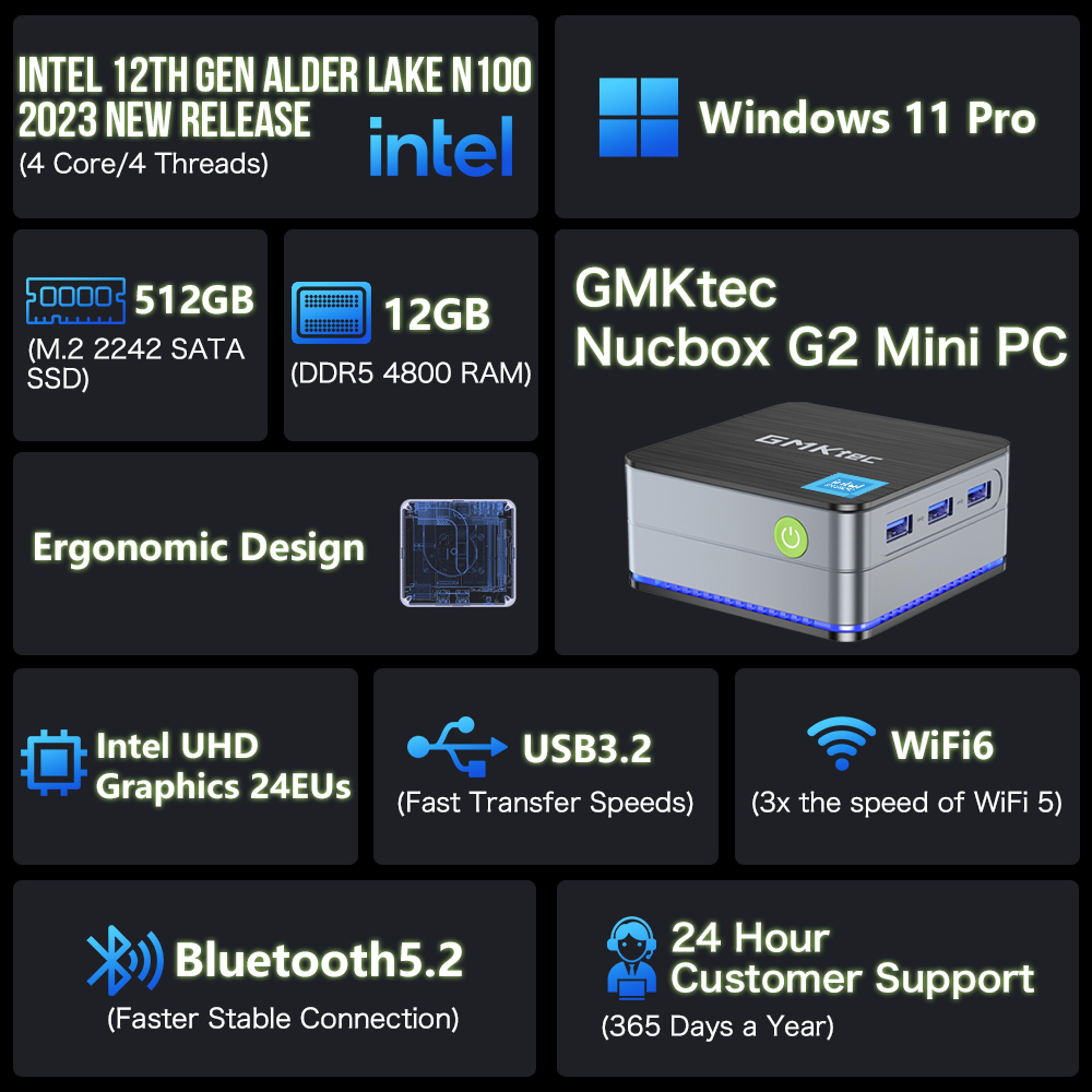 Intel G2 Mini PC Windows 11 Pro WiFi 6 BT52 Desktop Computer 1
