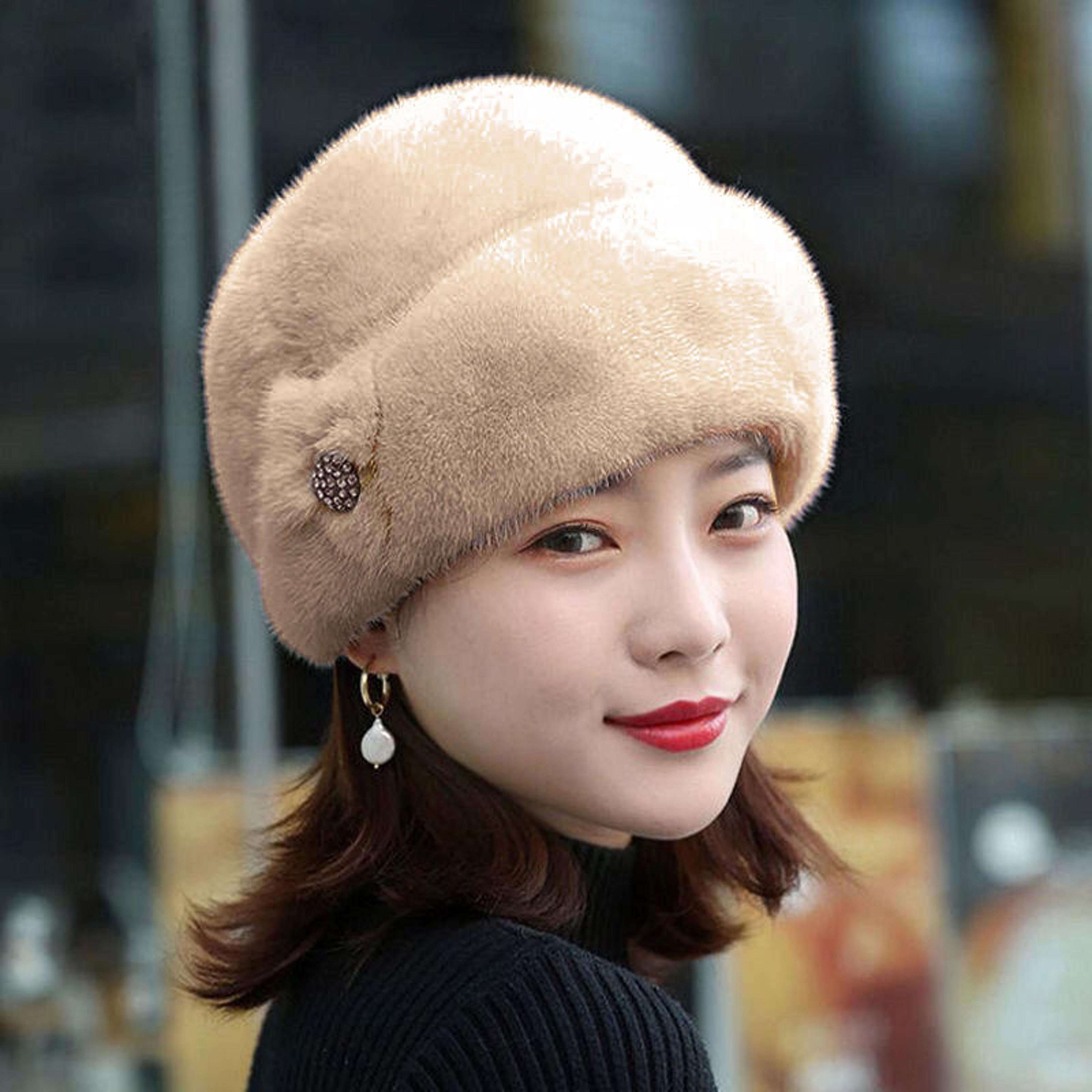 Warm Mink Fur Cap For Women Floral Basin Earflap Fisherman Earwarmer Hat 3