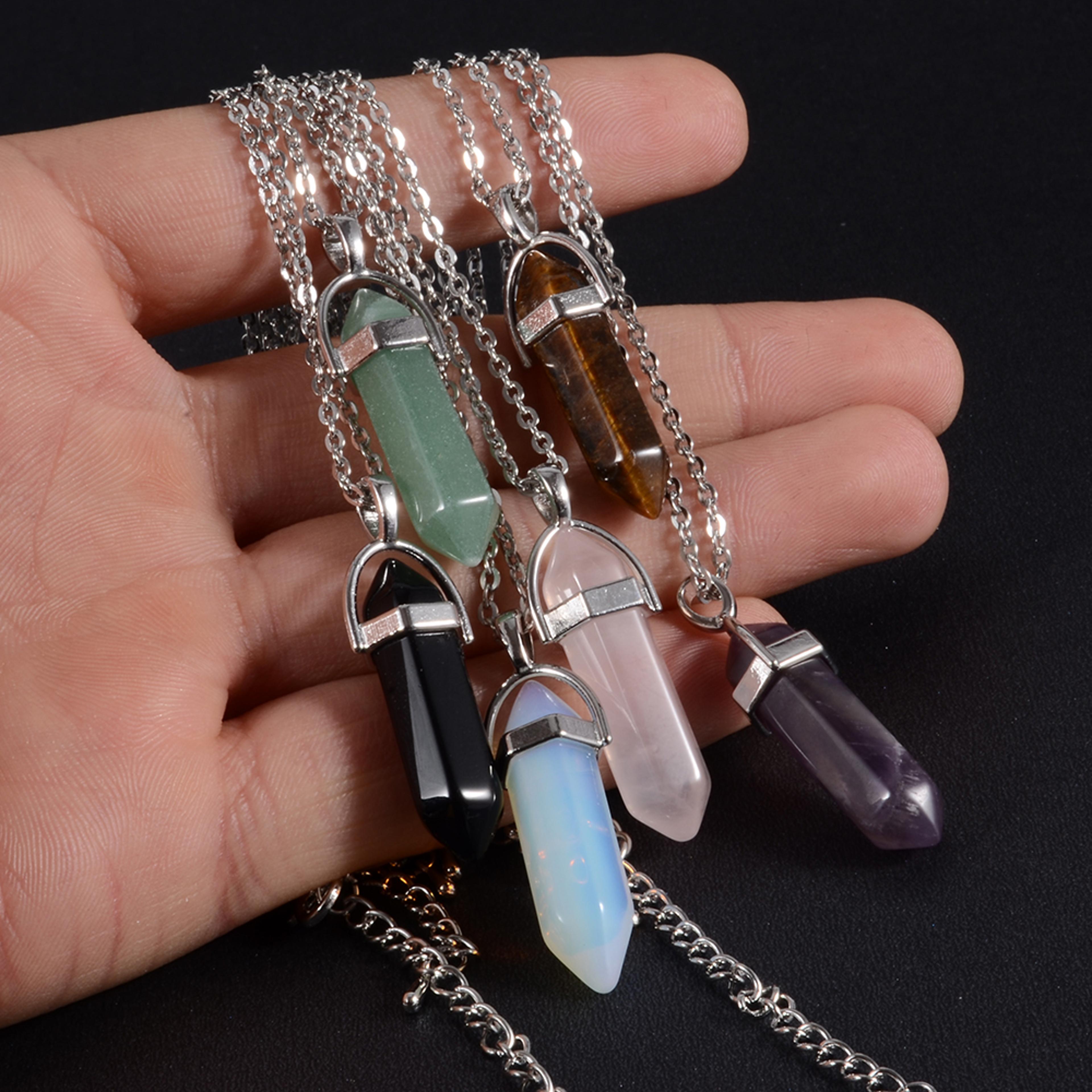 1PCS Natural Quartz Obsidian Crystal Hexagonal Chakra Healing Pendulum Stainless Steel Pendant Neck 2