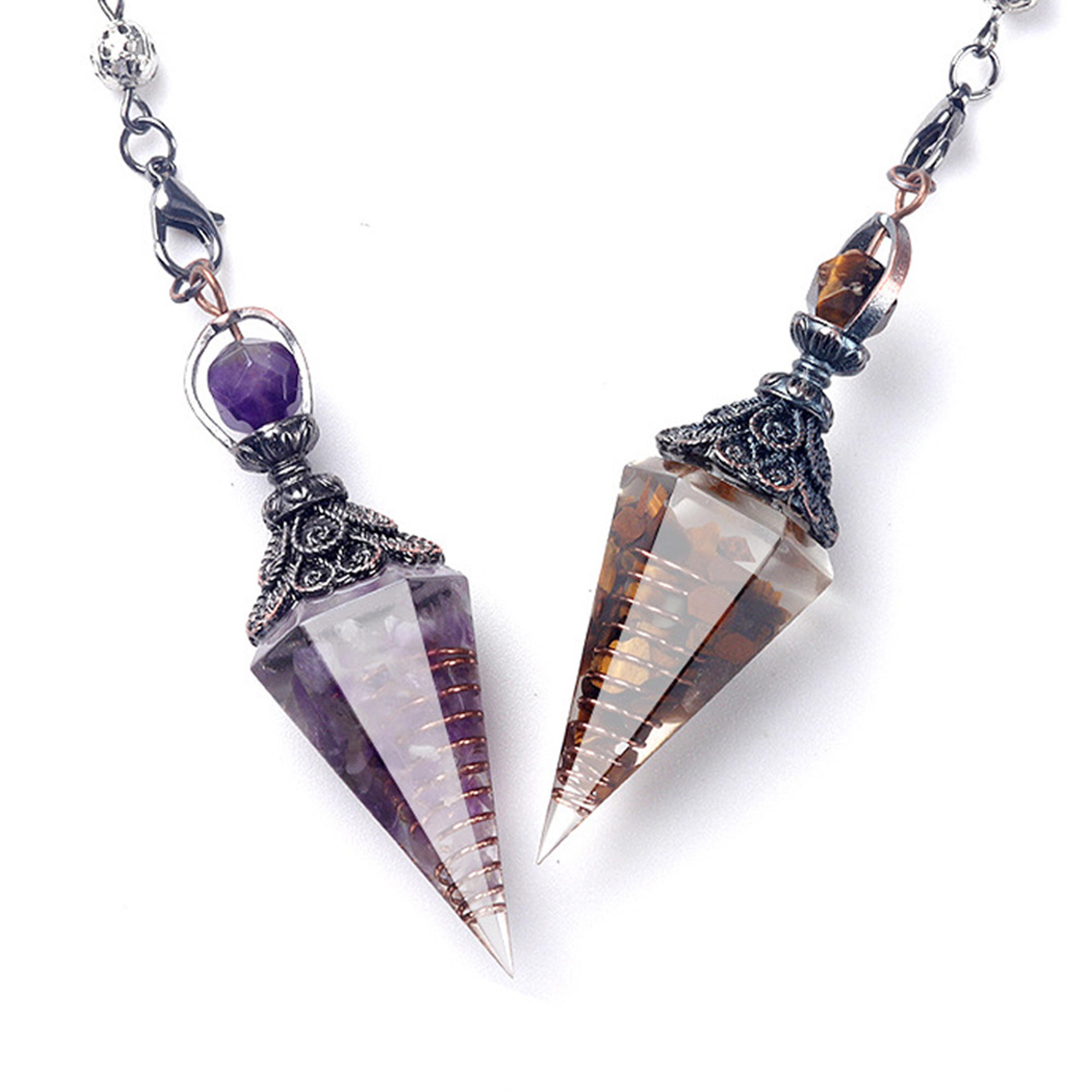 natural stone crystal pendulum necklace, hexagonal cone amethyst, rose quartz chakra pendant with crushed stone bag
