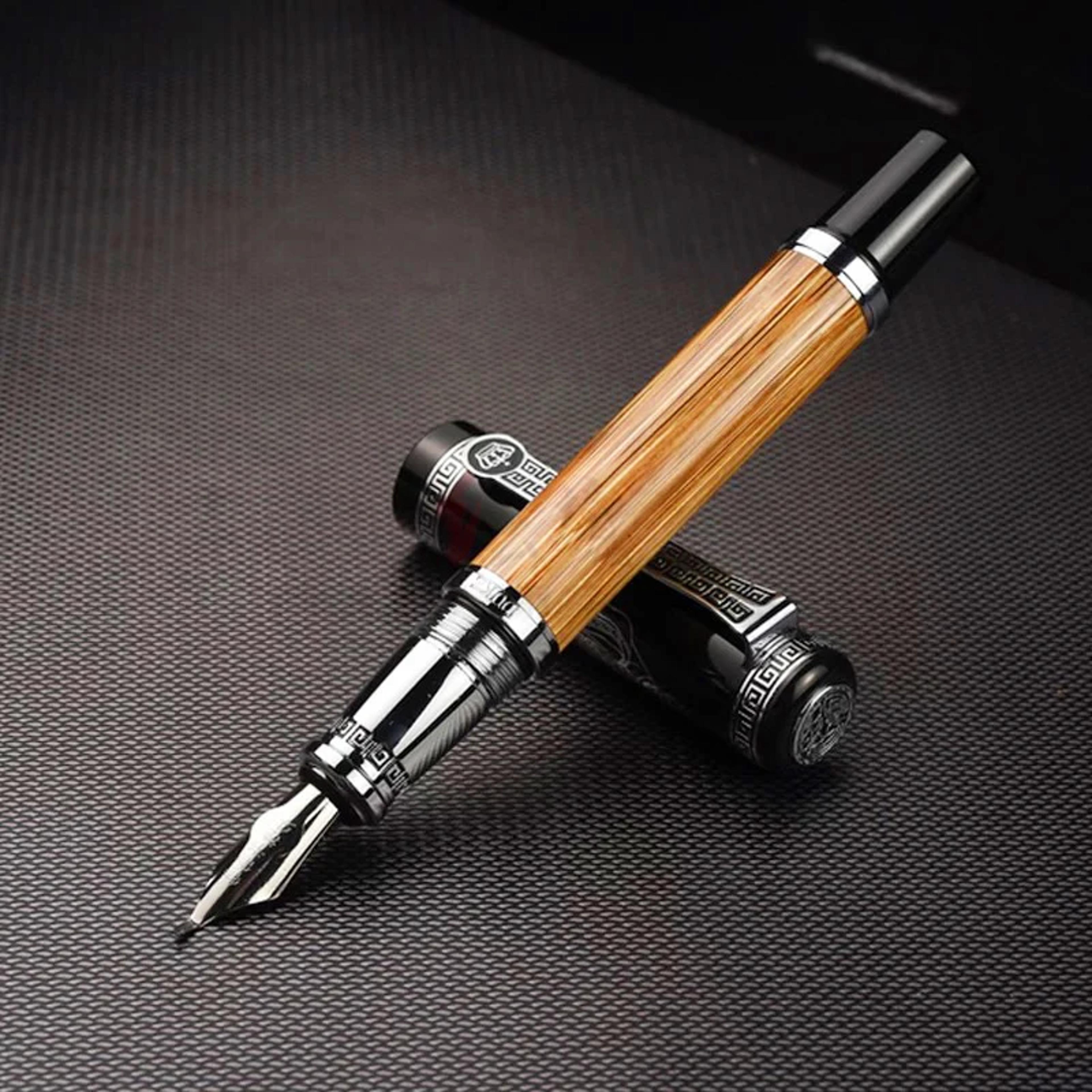 duke classic confucius natural, bamboo calligraphy fountain pen, metal embossed pattern bent nib iridium 1.2mm