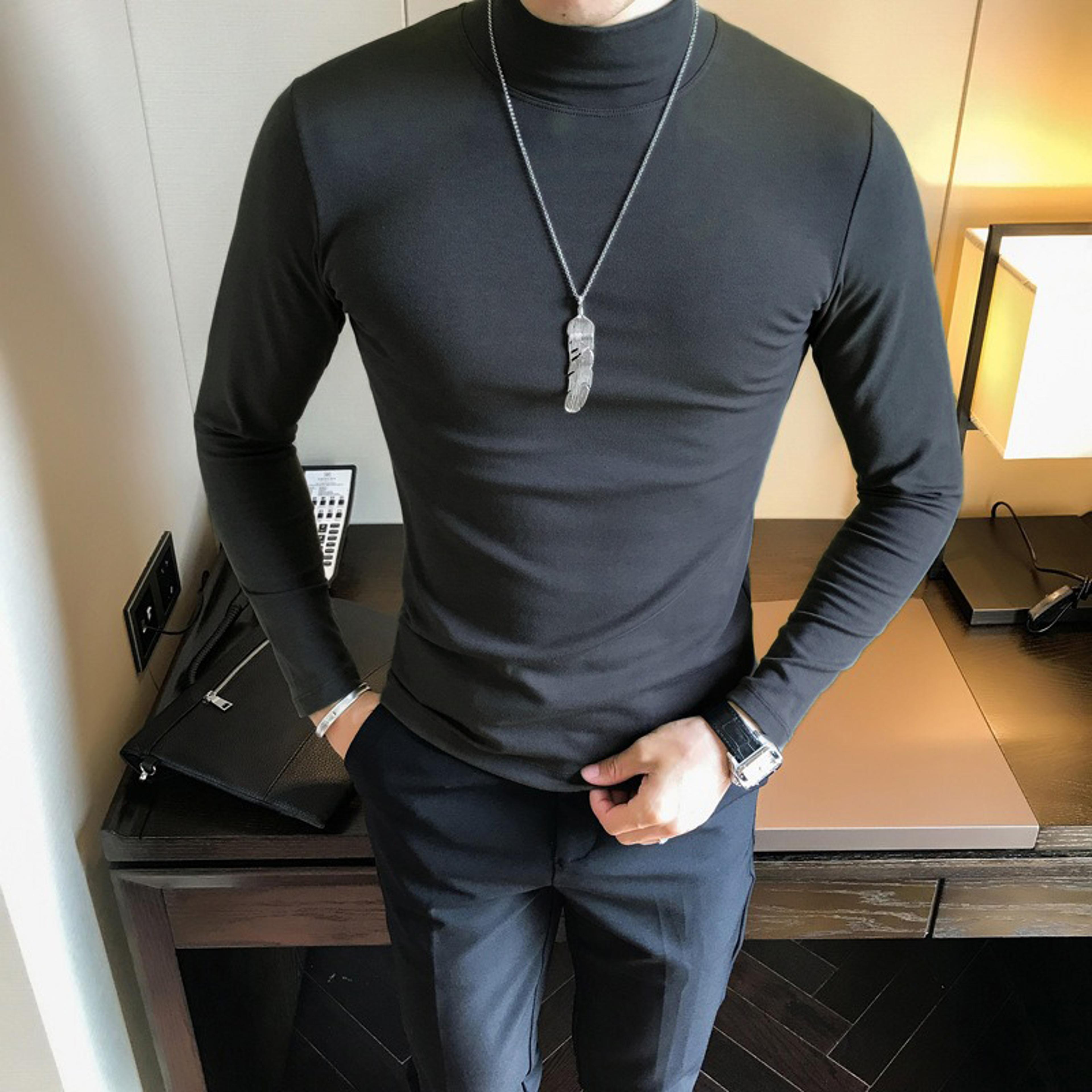Mens Slim Fit Long Sleeve Turtleneck High Elastic Basic Pullover Solid Color Bottoming Shirt 4