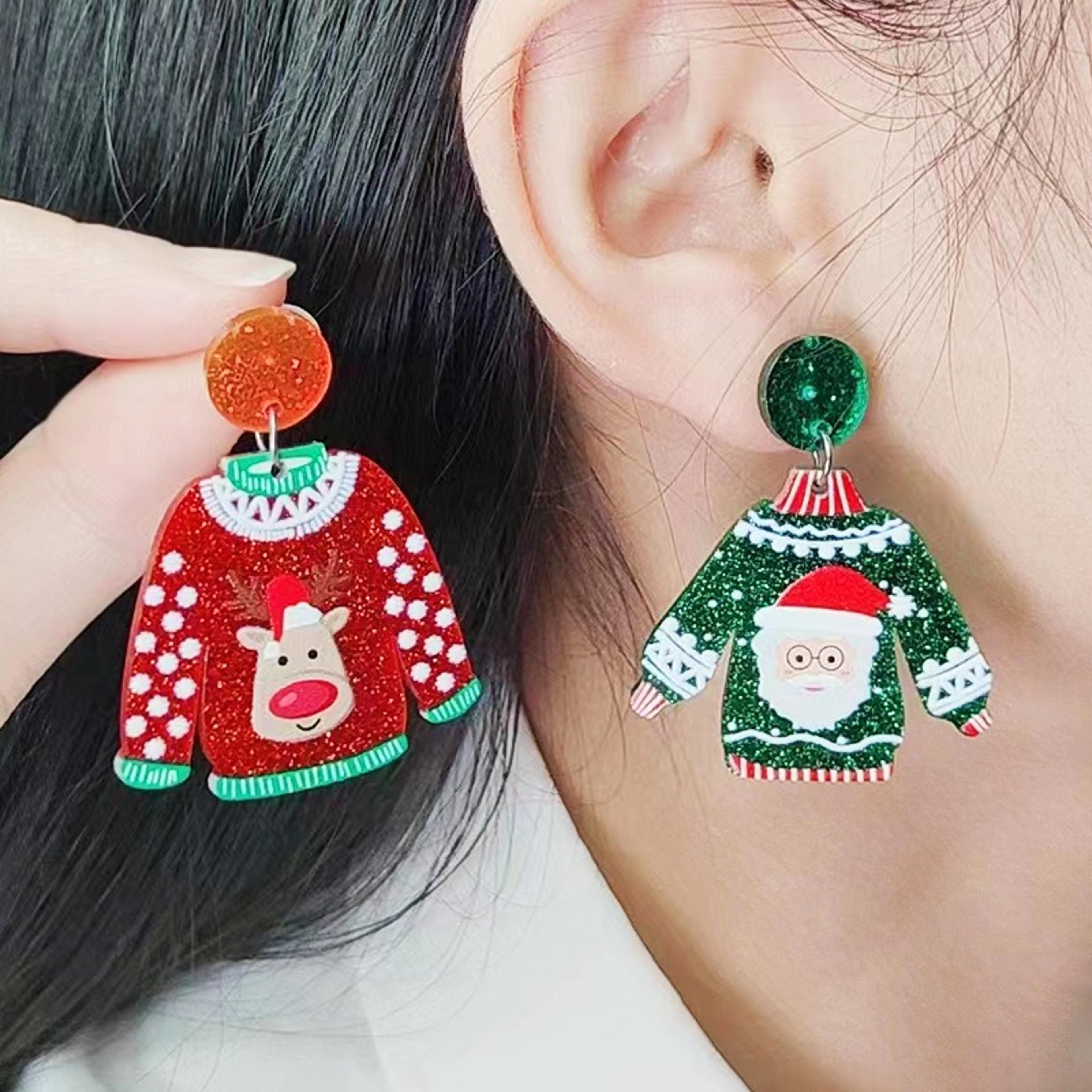 santa claus cartoon earrings for women, acrylic sweater shaped christmas earrings, snowflakes earrings