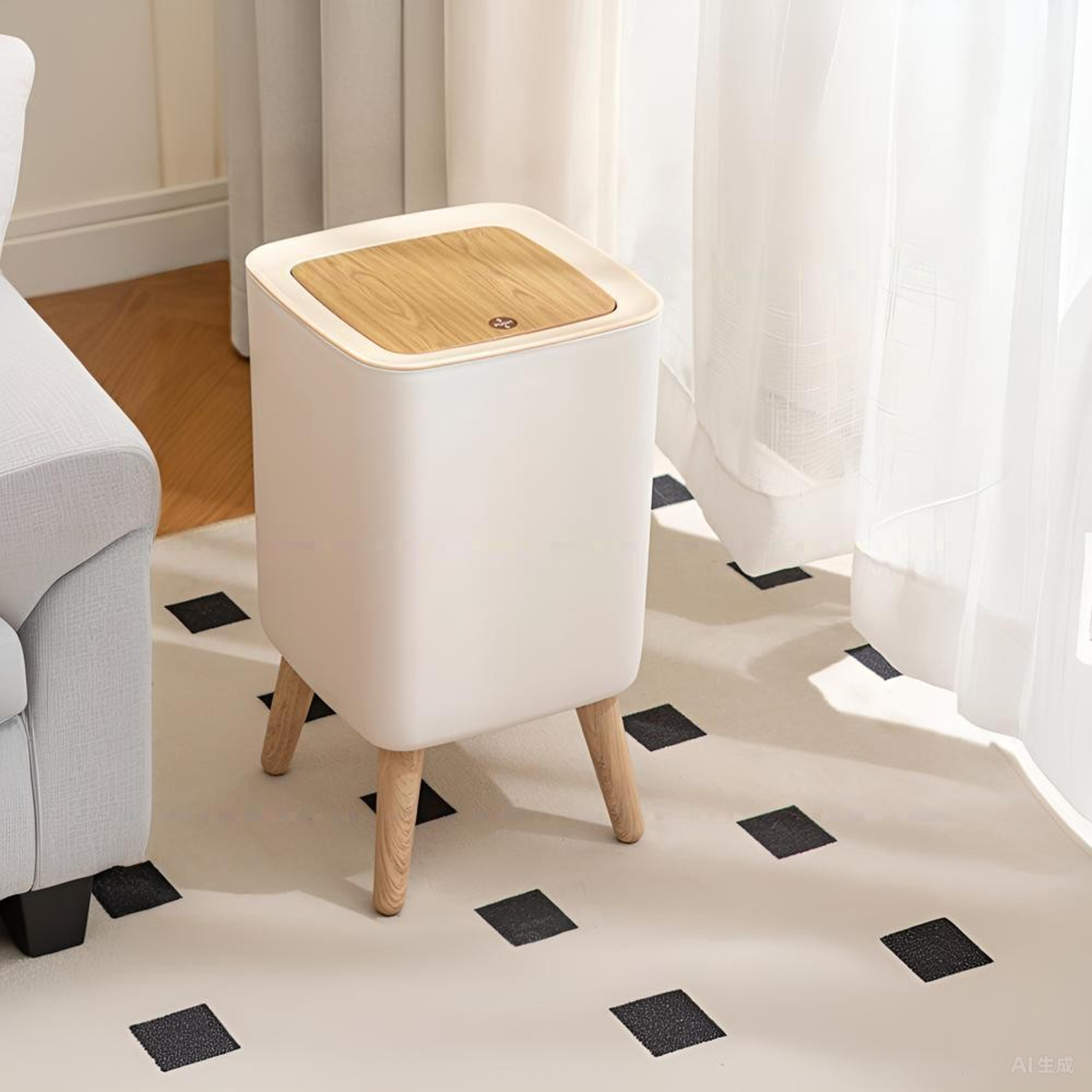 press trash can, high clamshell, white, imitation wood grain, suitable for bedroom bathroom living room