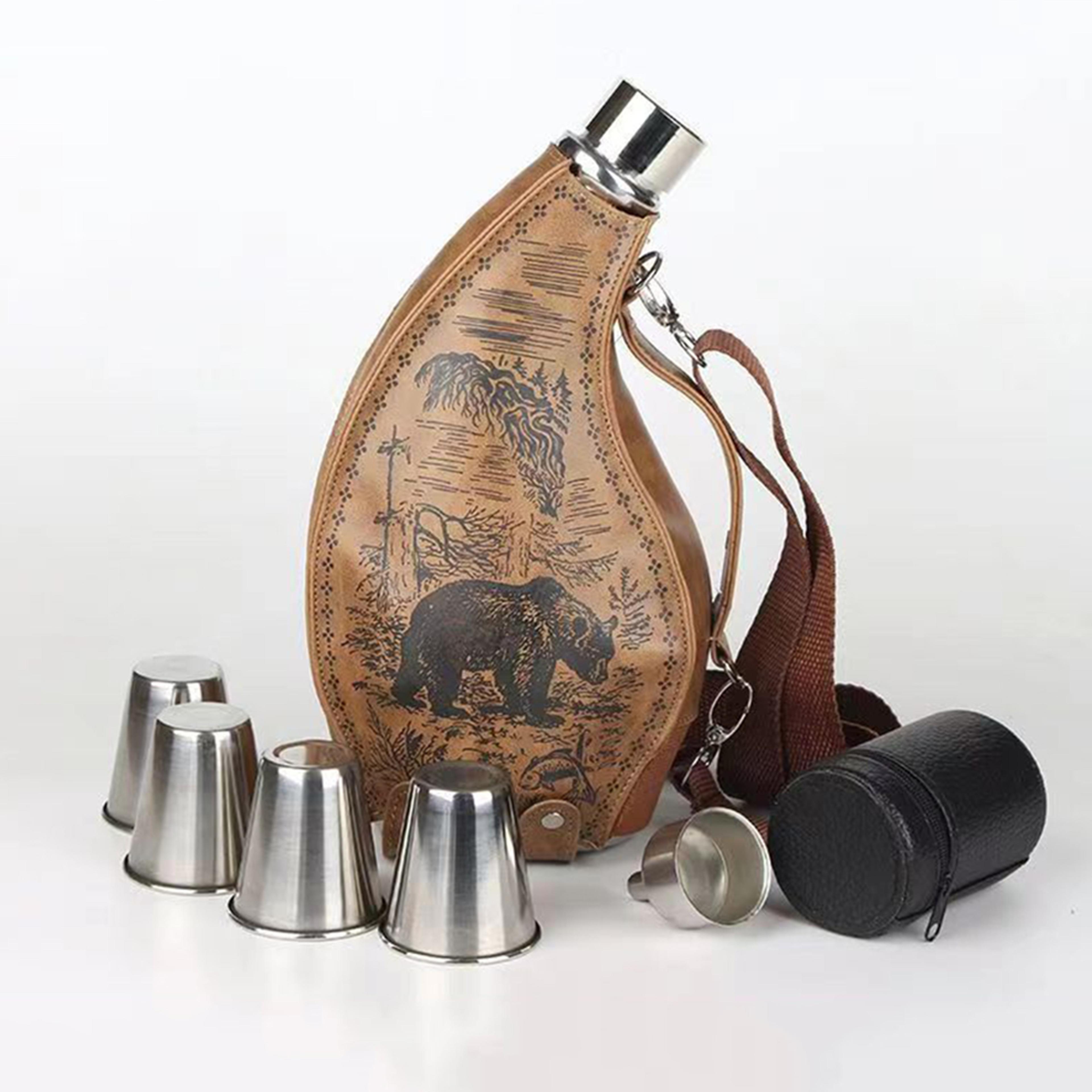 Leather Case Ox Horn Flagon With Funnel HighCapacity Stainless Steel Horn Hip Flask Western Cowboy  4
