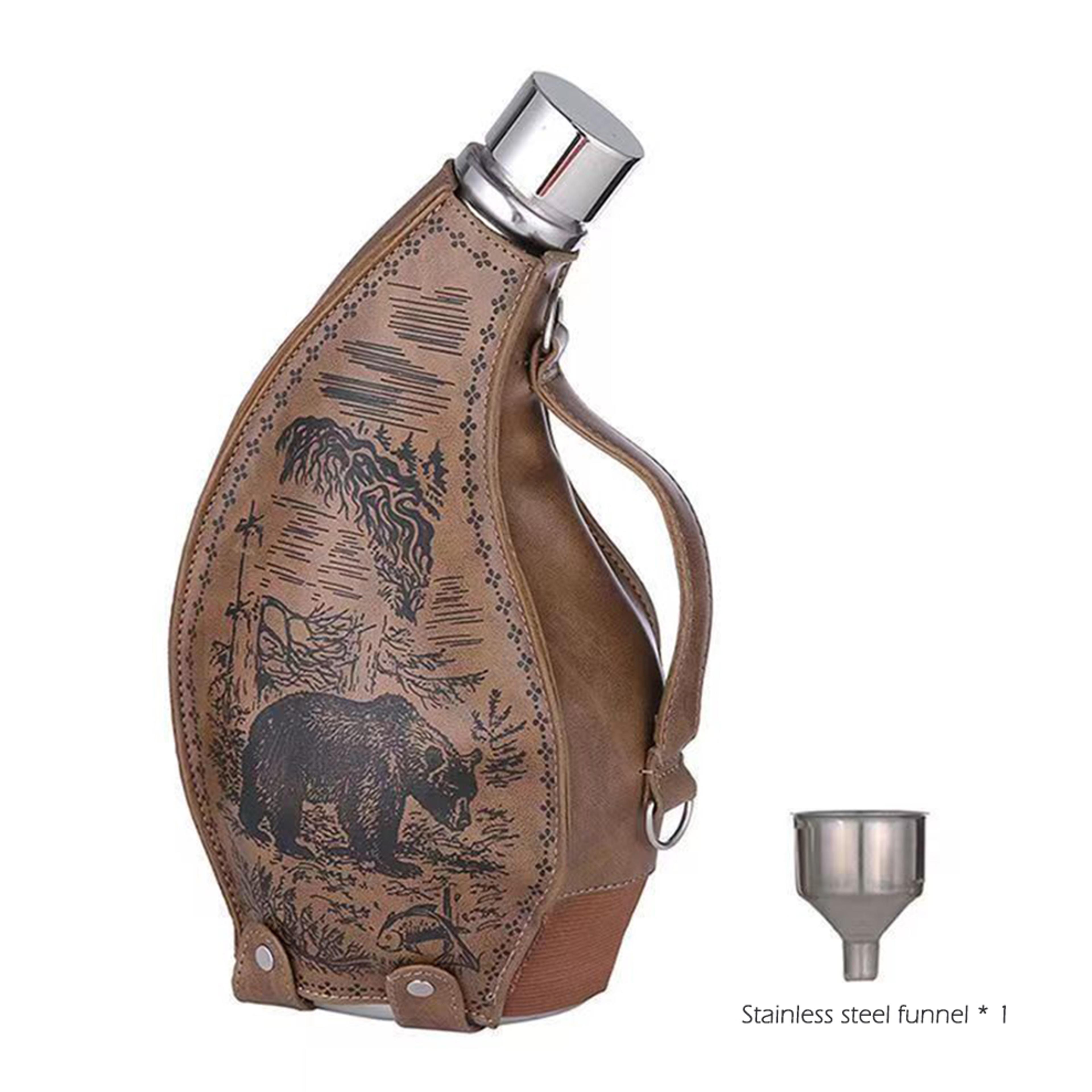Leather Case Ox Horn Flagon With Funnel HighCapacity Stainless Steel Horn Hip Flask Western Cowboy  5