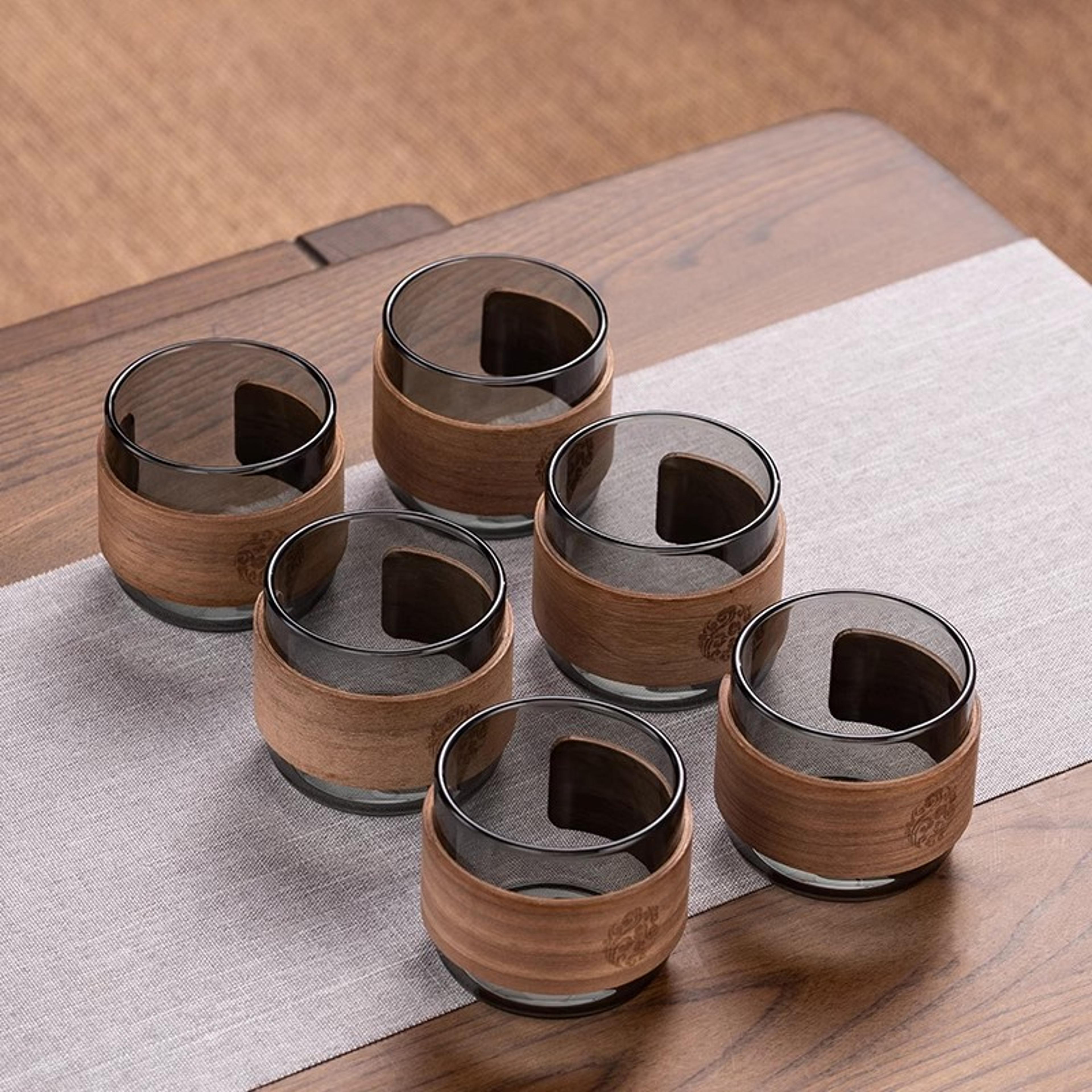 Home Coffee Espresso Mug Set Heatresistant Glass Tea Cup Scald Proof Wooden Holder Kungfu Tea Maste 6