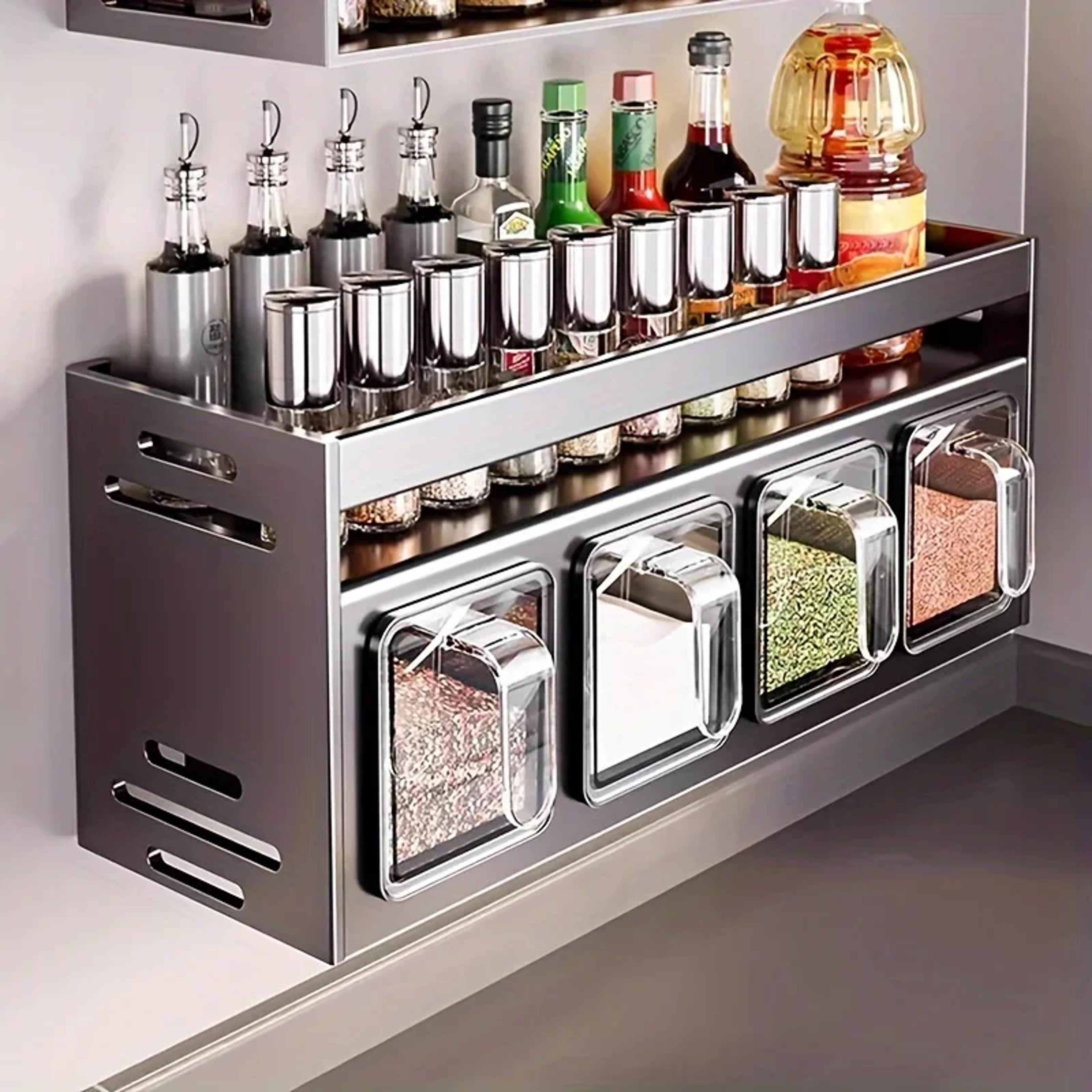wall-mounted multi-functional spice rack, stainless steel kitchen spice rack box, kitchen storage organizer for home use