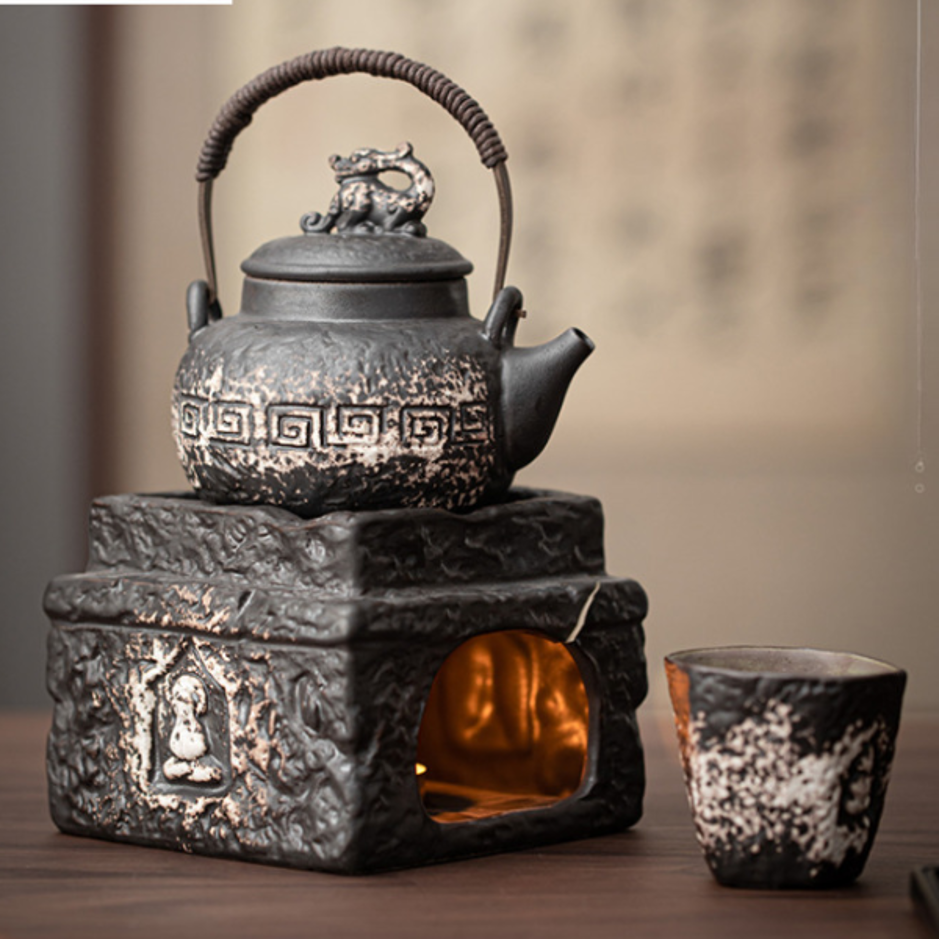 buddha tea warmer holder, handmade wabi sabi black pottery, kettle stand, carbon furnace tea set, candle heater