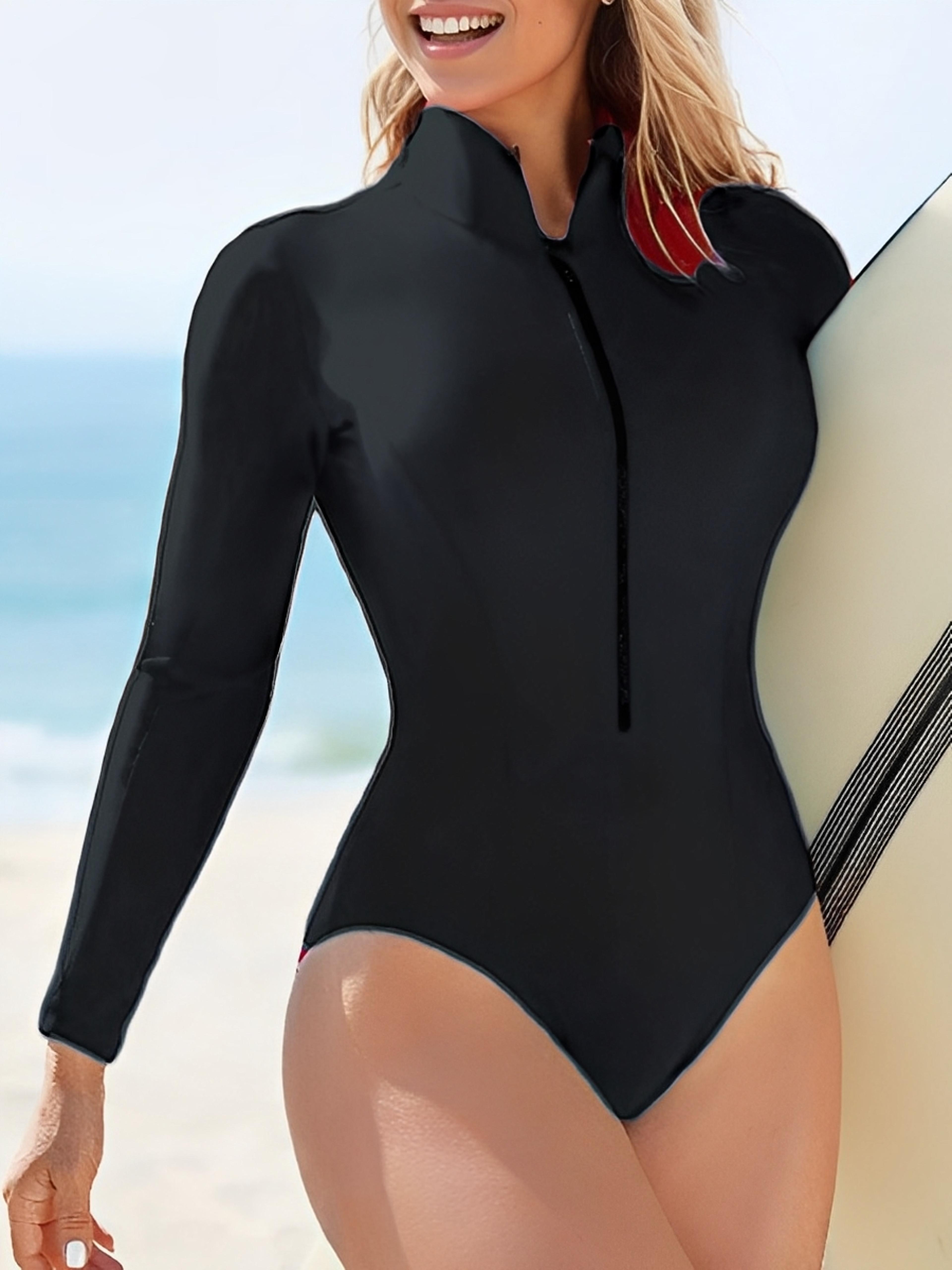 Slim Rush Guard Long Sleeve Surfing Swimsuit Women With Zipper Solid Swimwear For Female Bathers Sw 3