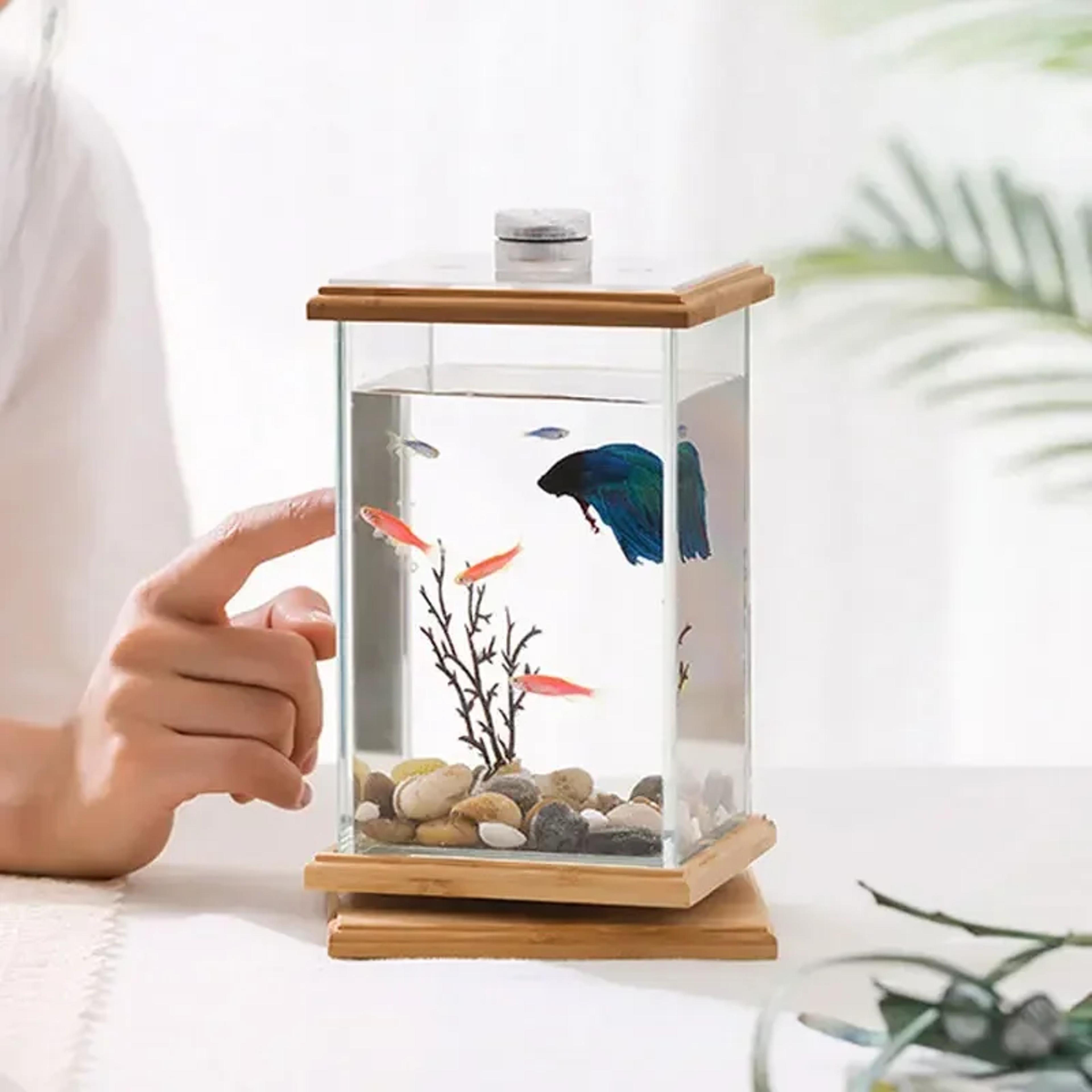 mini rotating aquarium led cylindrical fish tank, desktop glass aquarium decoration for office and home