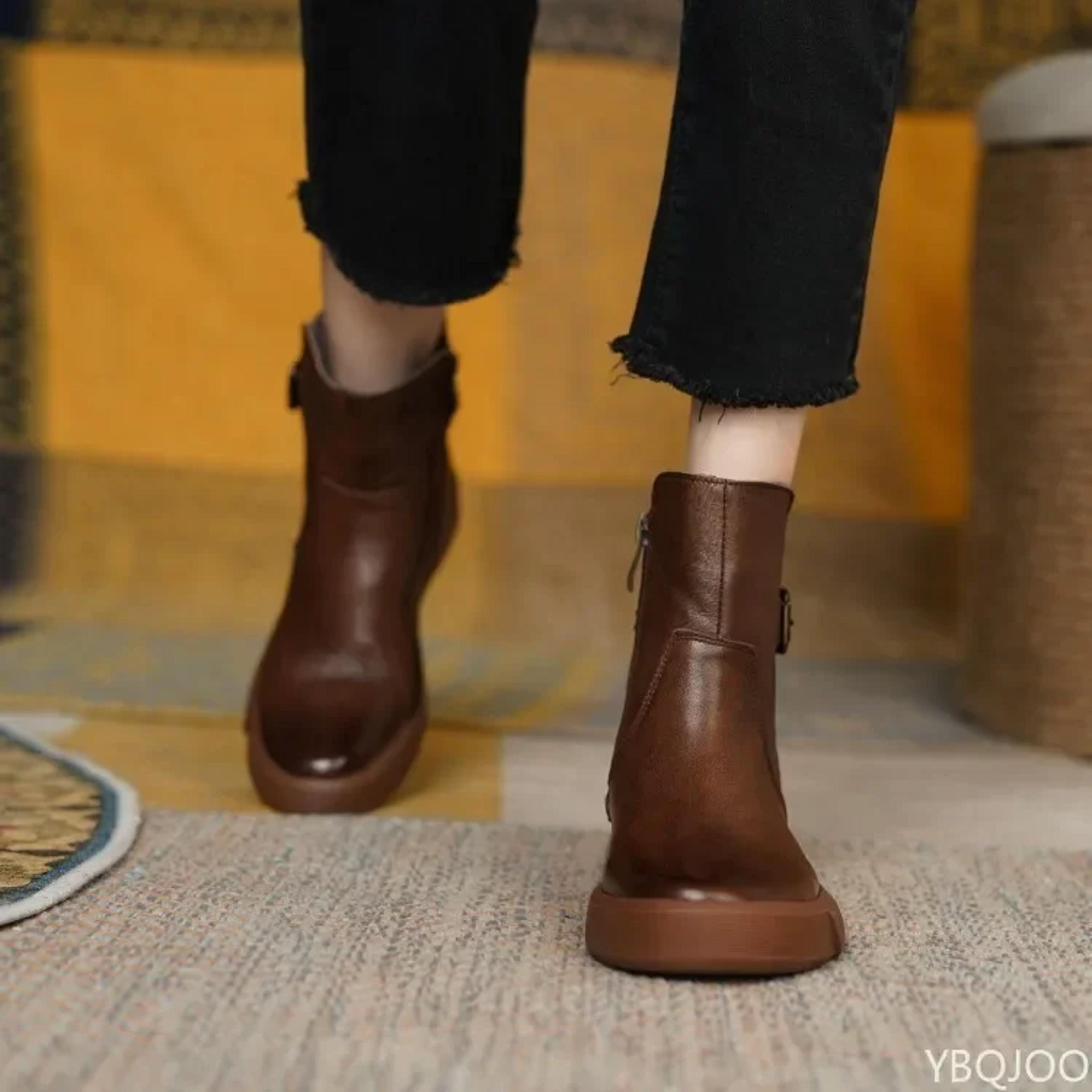 Winter Womens Shoes Retro Leather Ankle Boots Casual Platform Boots For Autumn Female Flat Short Bo 4