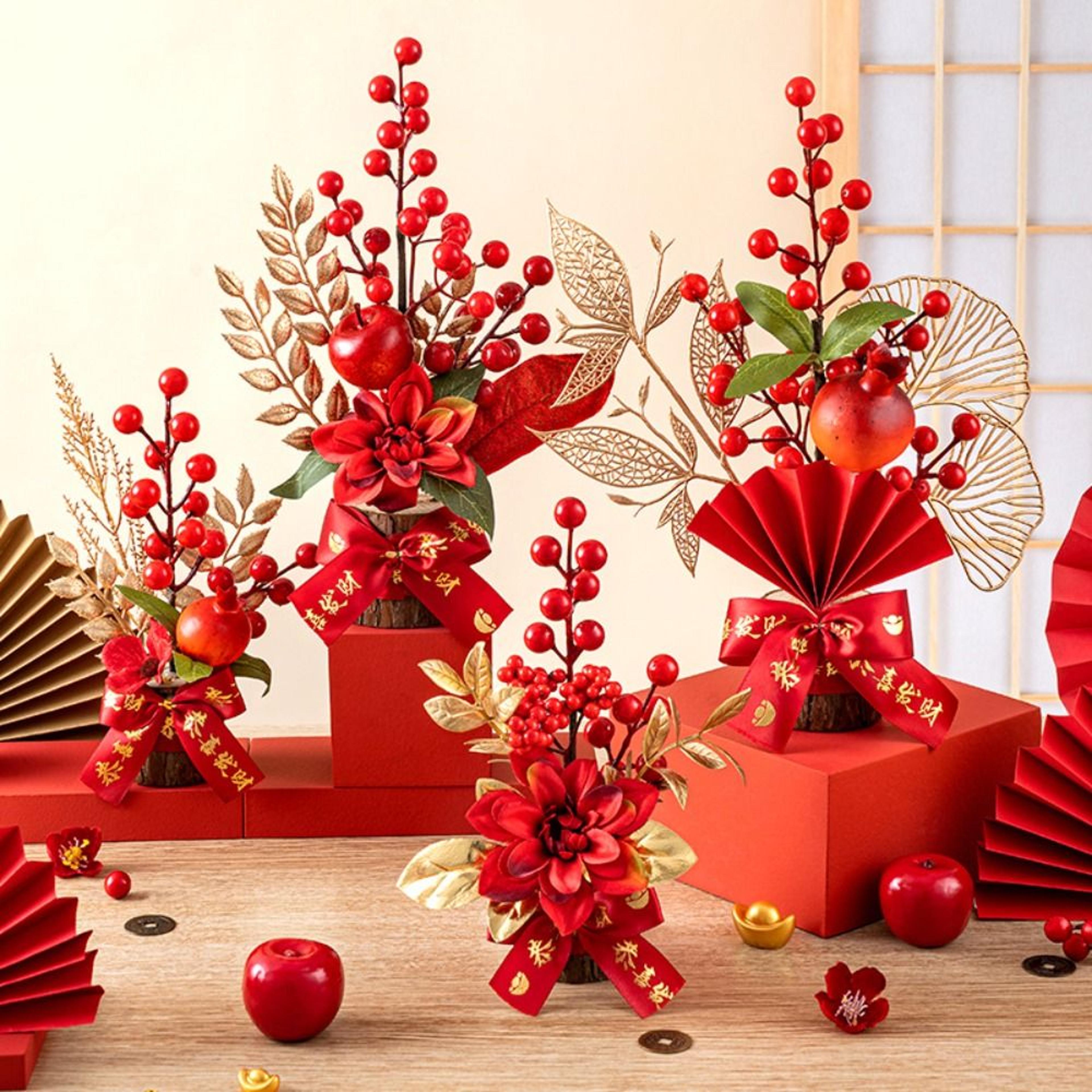 red berry branch tabletop decorative pot artificial flowers plant accent for home and festive events