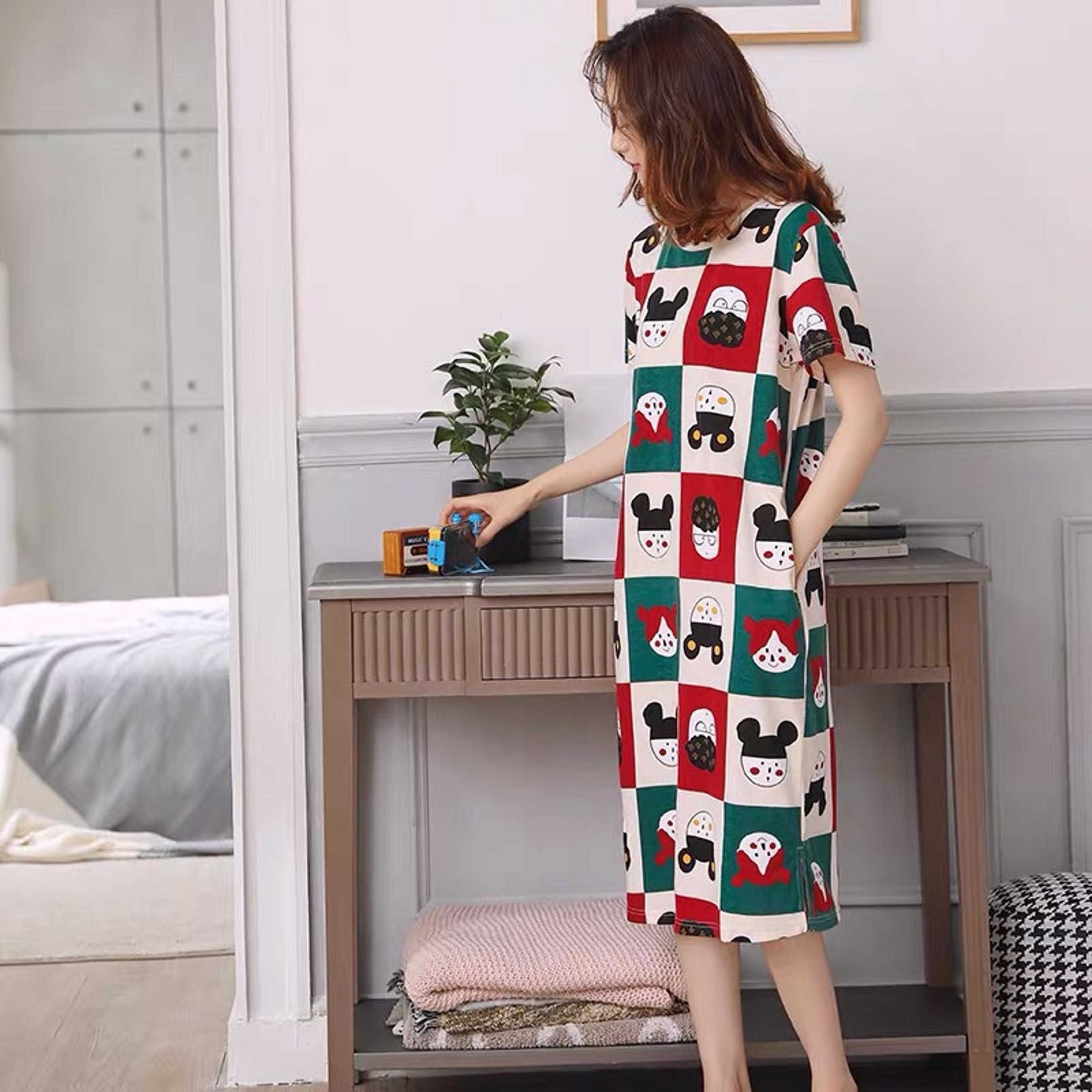 Womens Cartoon Print Nightgown Plus Size Short Sleeve Summer Sleepwear Dress 2
