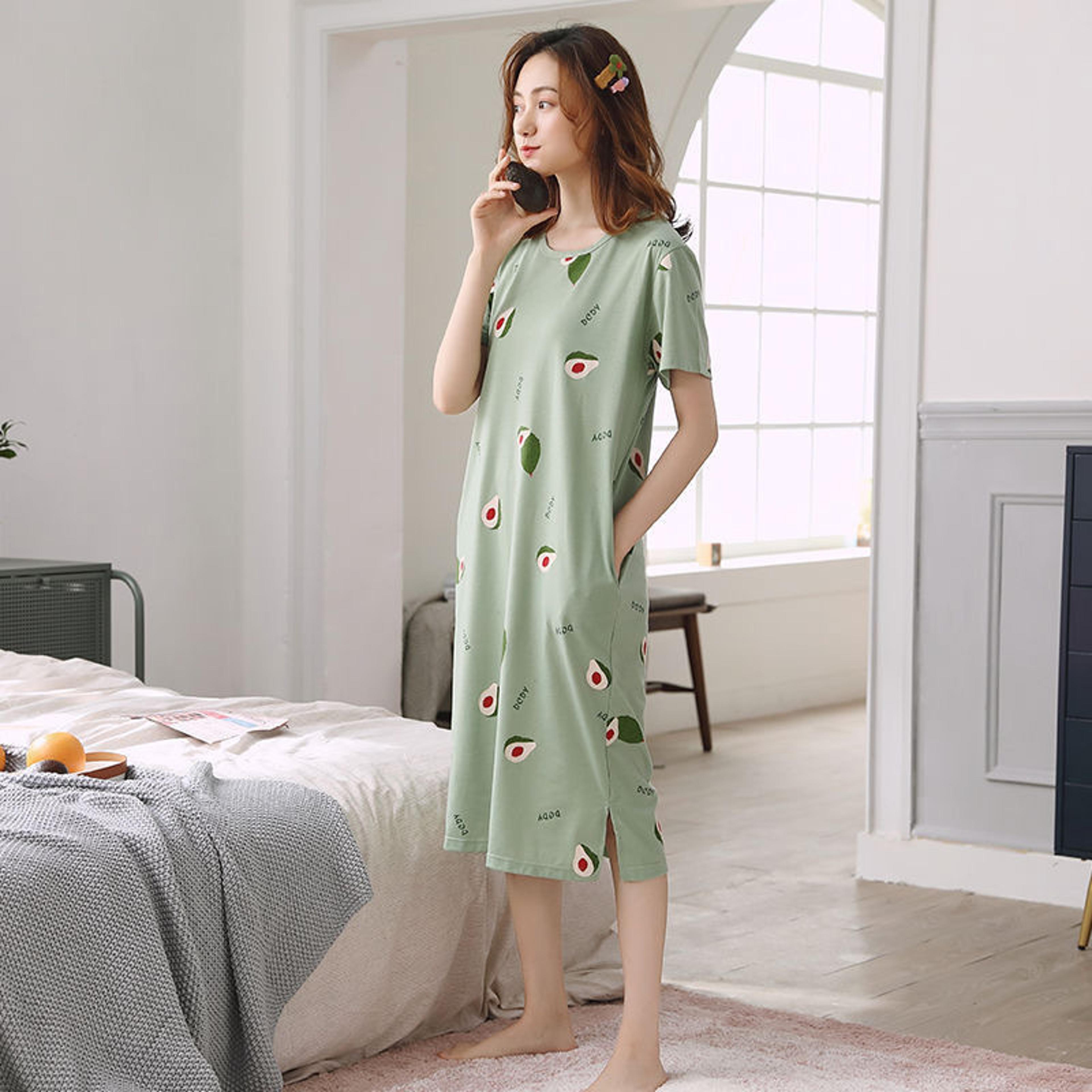 Womens Cartoon Print Nightgown Plus Size Short Sleeve Summer Sleepwear Dress 3