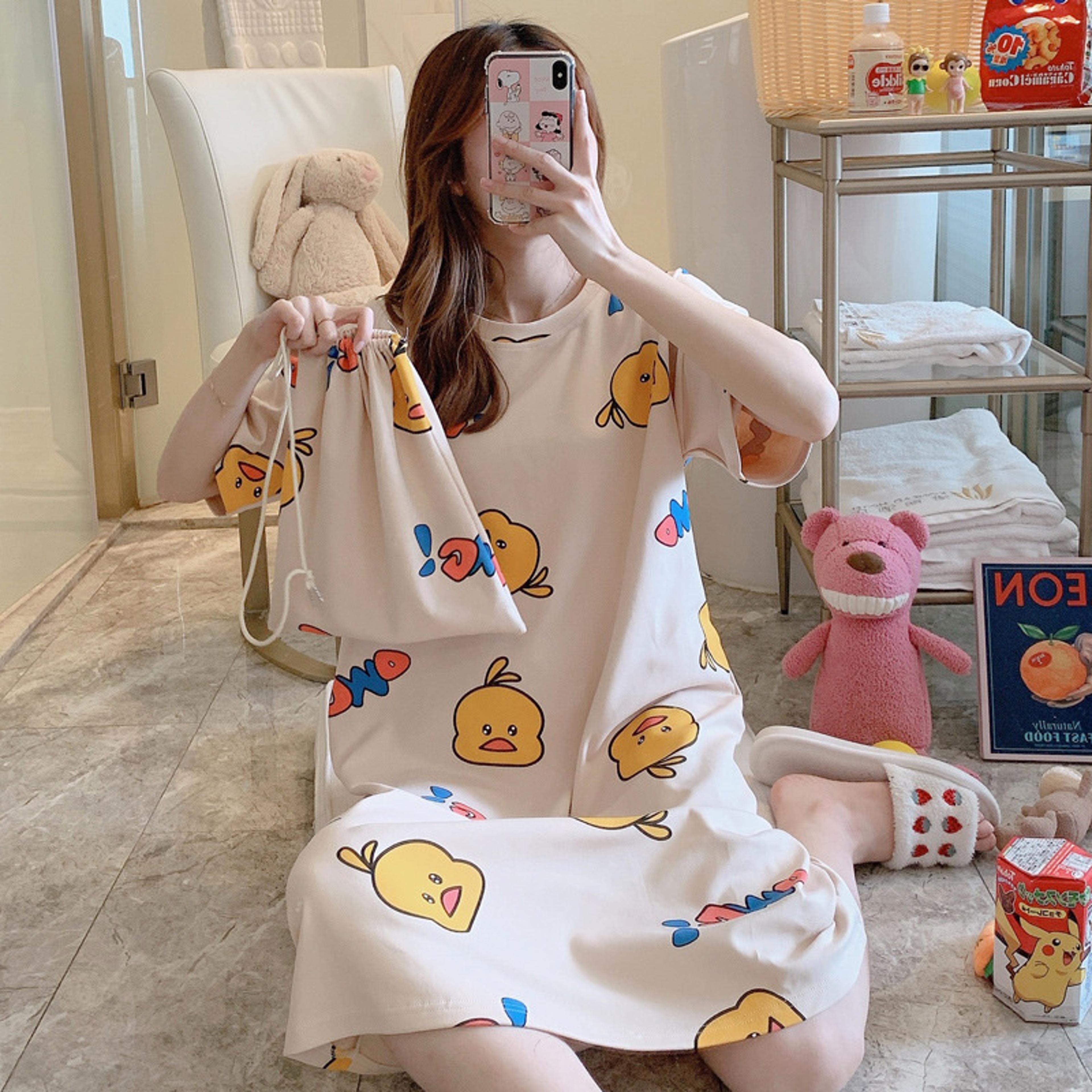 Womens Cartoon Print Nightgown Plus Size Short Sleeve Summer Sleepwear Dress 7