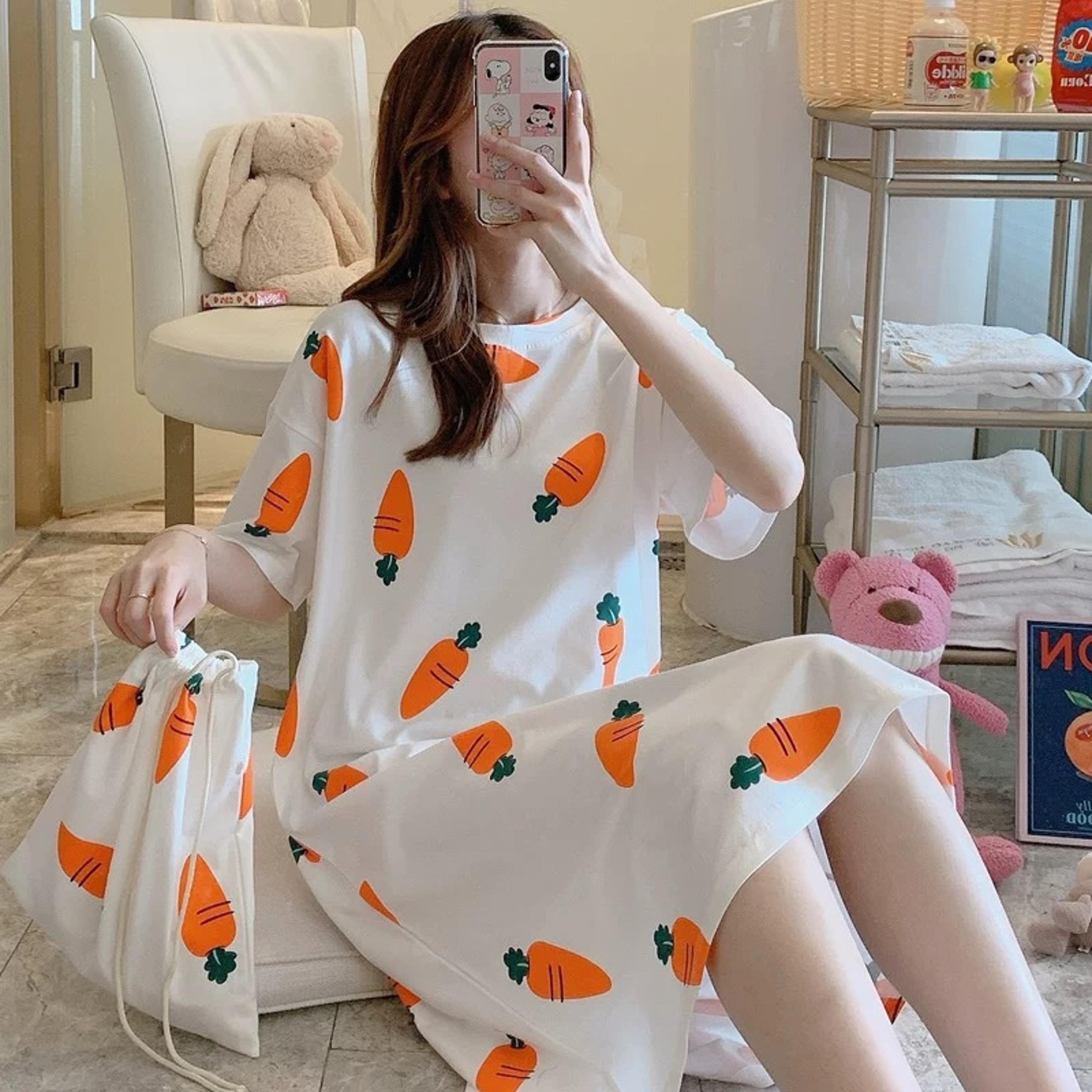 Womens Cartoon Print Nightgown Plus Size Short Sleeve Summer Sleepwear Dress 11