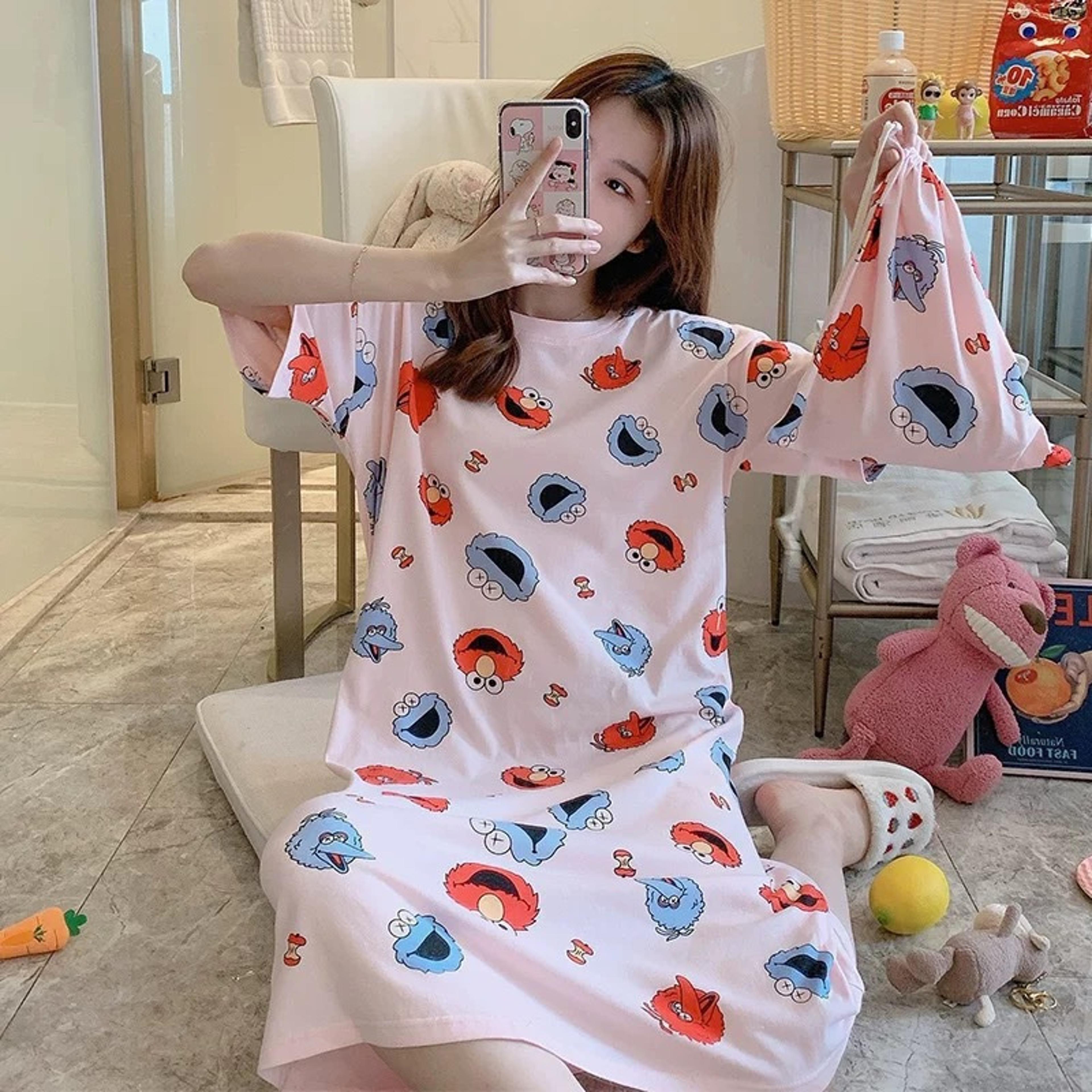 Womens Cartoon Print Nightgown Plus Size Short Sleeve Summer Sleepwear Dress 14