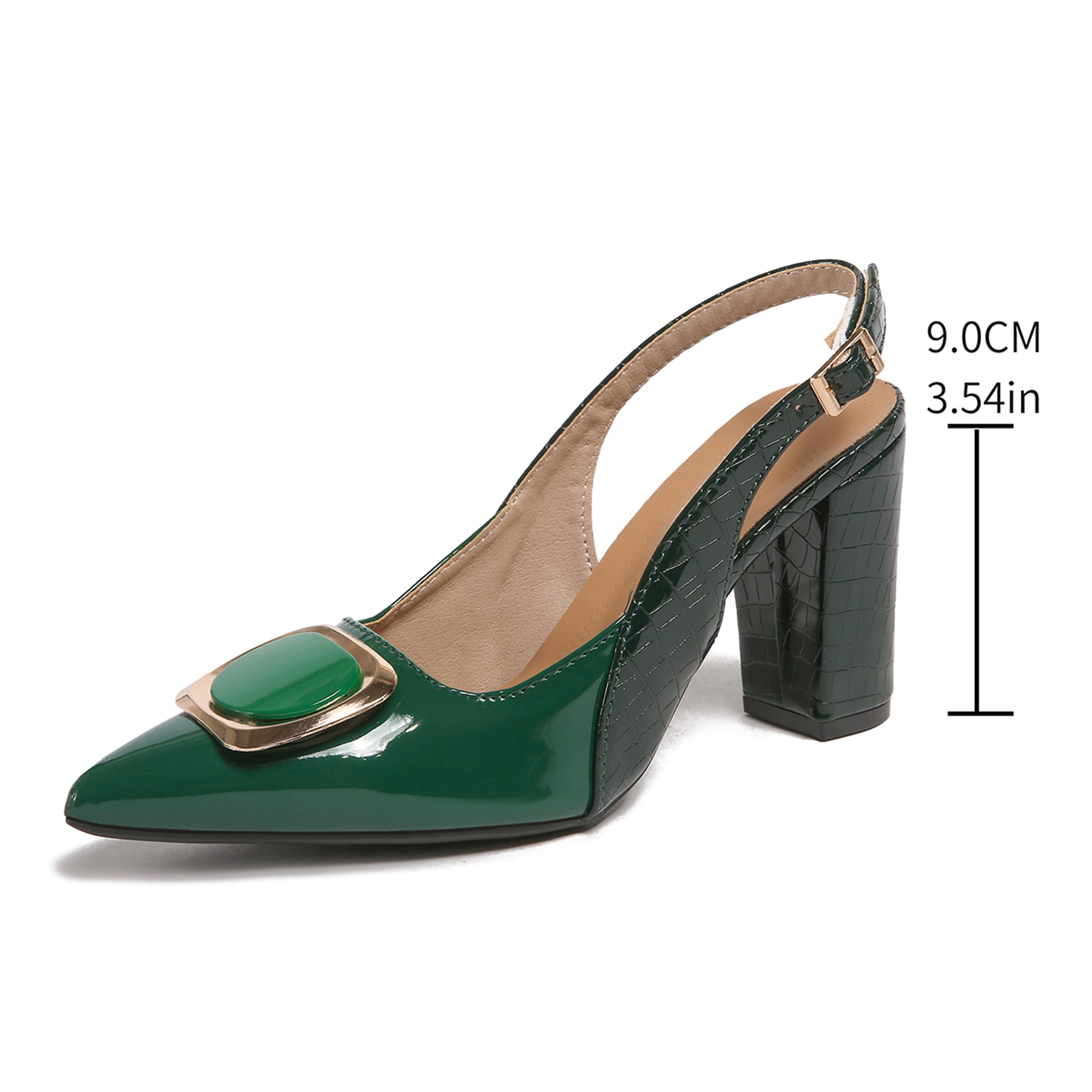 Womens Pointed Toe Block Heel Slingback Pumps With Metal Buckle 5
