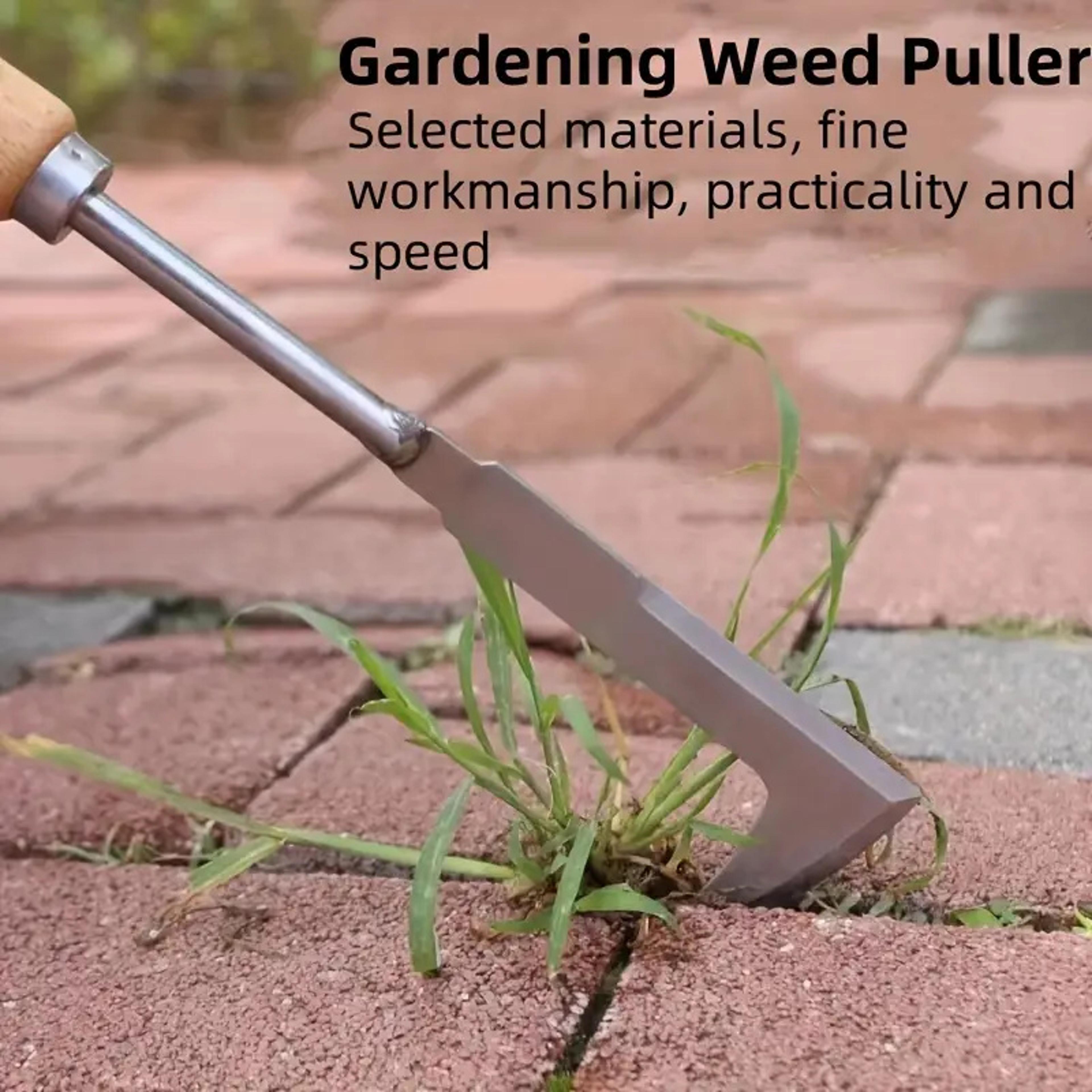 l shaped stainless steel gap weeding tool with wooden handle for patios and driveways