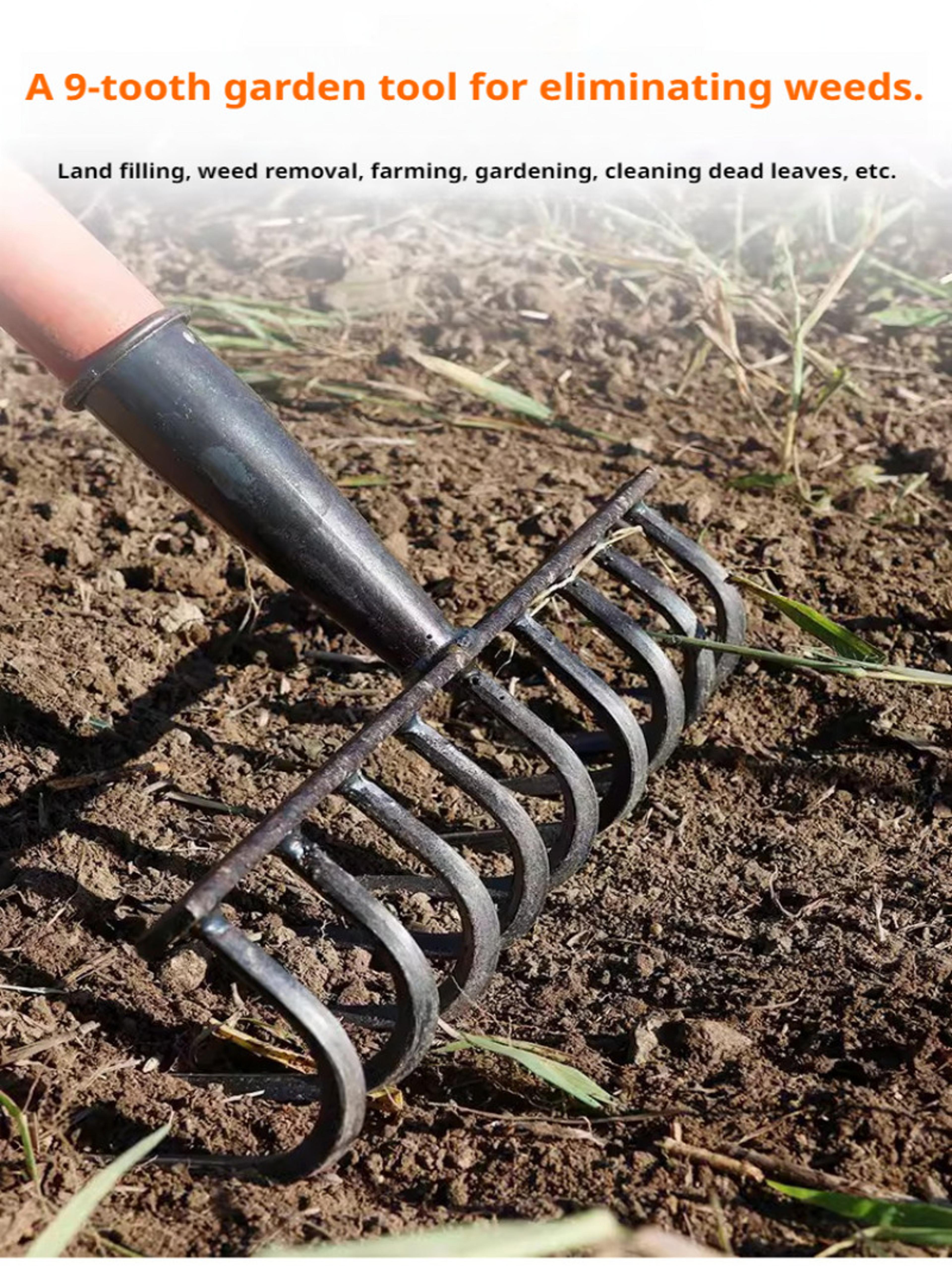 nine tooth garden rake with manganese steel head and wooden handle