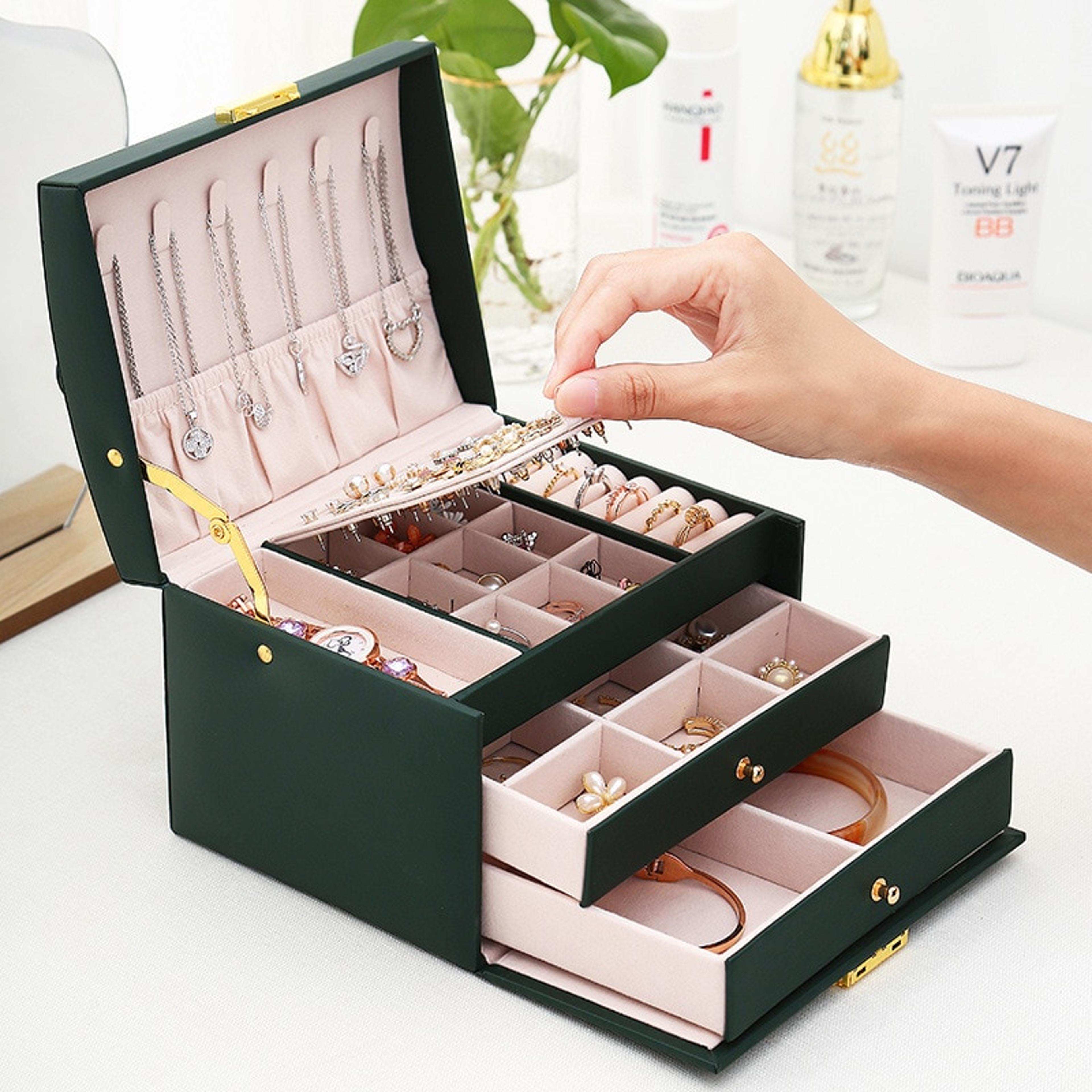 three layer faux leather jewelry organizer box with drawers