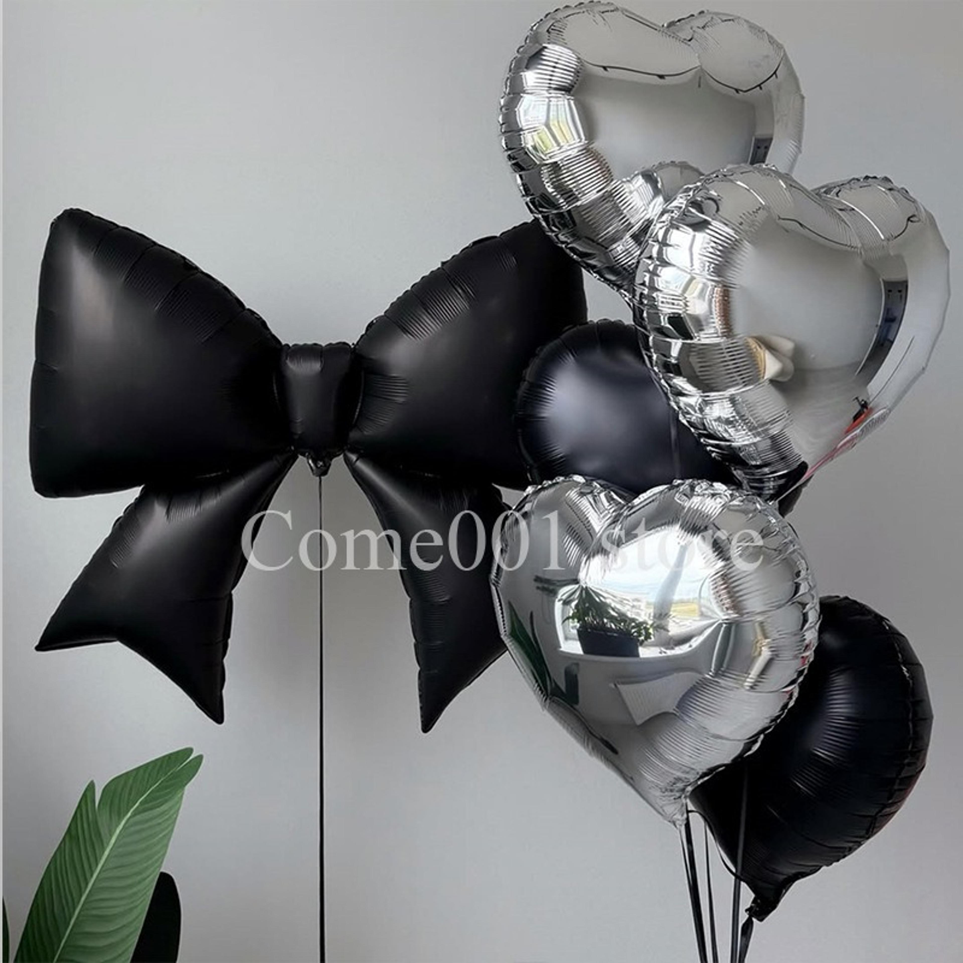 black bow foil balloons with silver heart design for party decorations