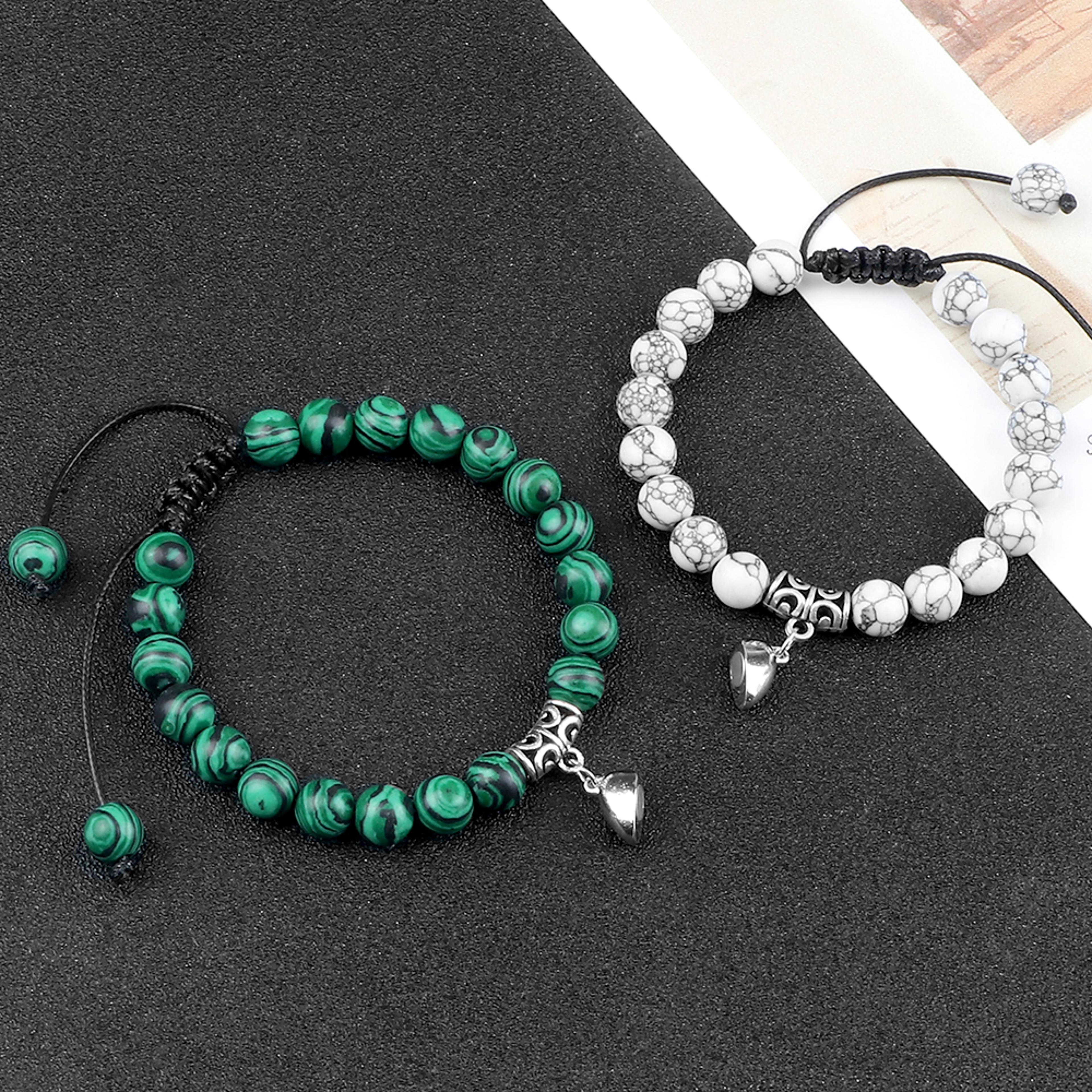 Couple Distance Bracelets Set With Natural Stone Beads And Magnetic Heart Charms 2