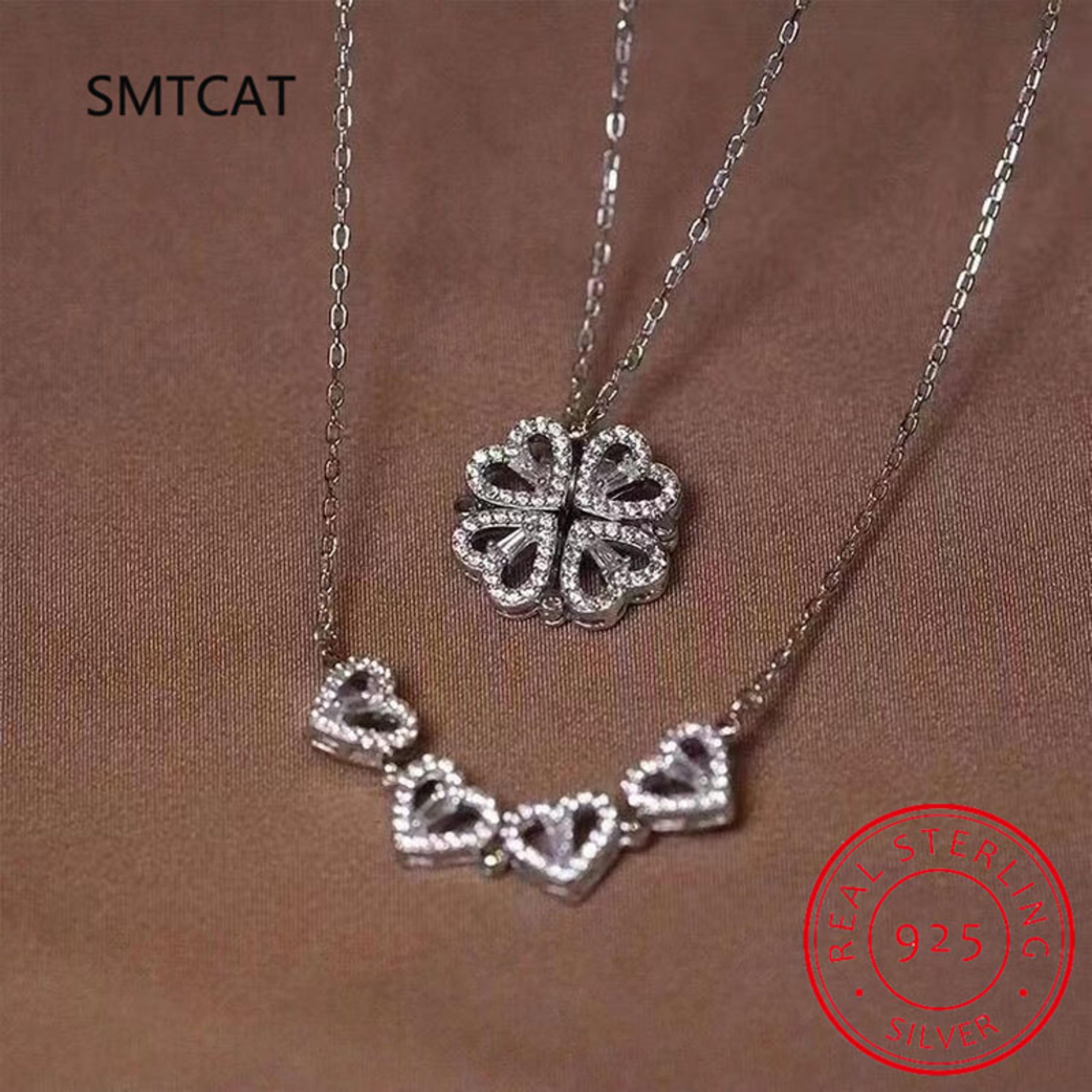sterling silver zircon heart four leaf clover pendant necklace