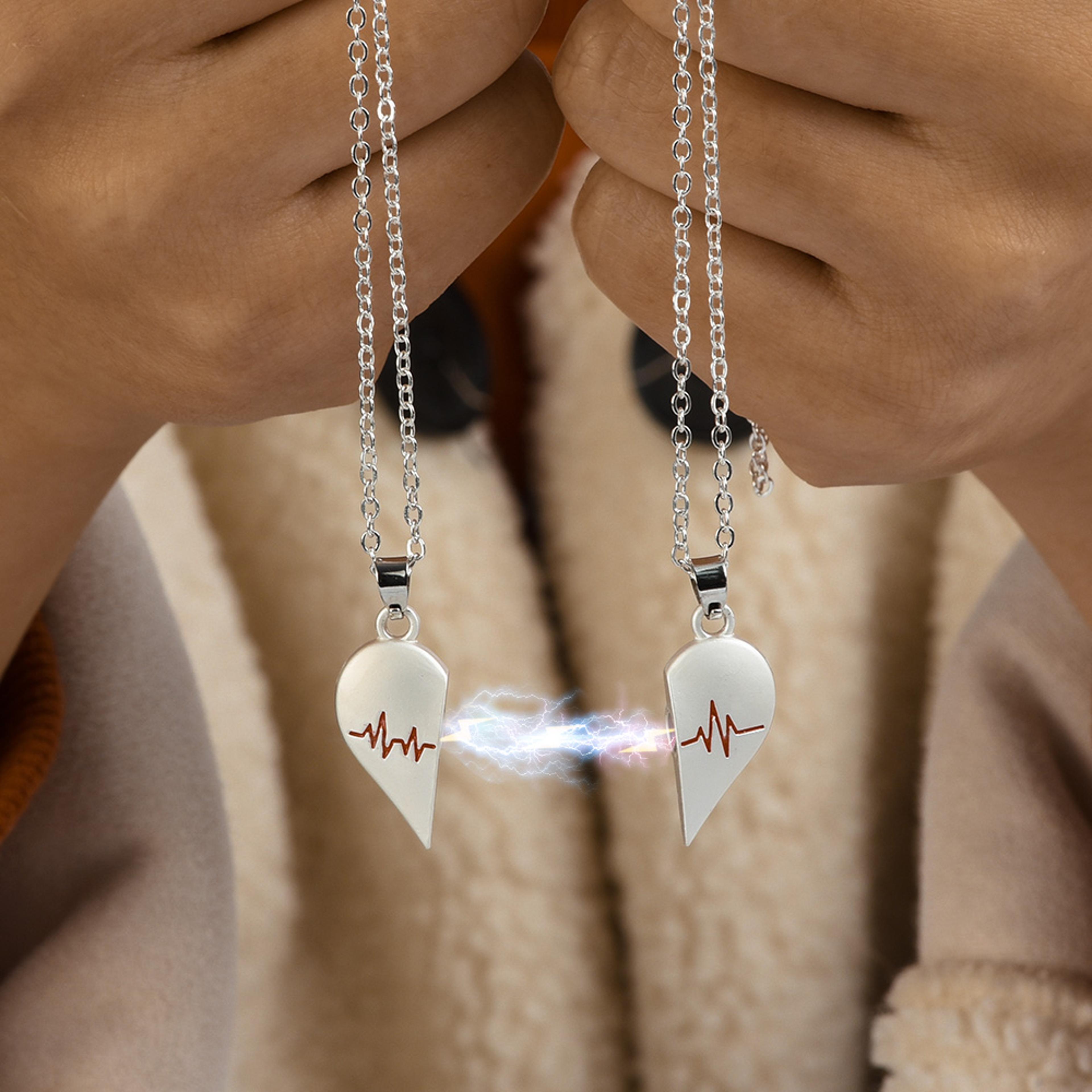Magnetic Heart Couple Necklaces Two Piece Electrocardiogram Pendant Jewelry Set 3