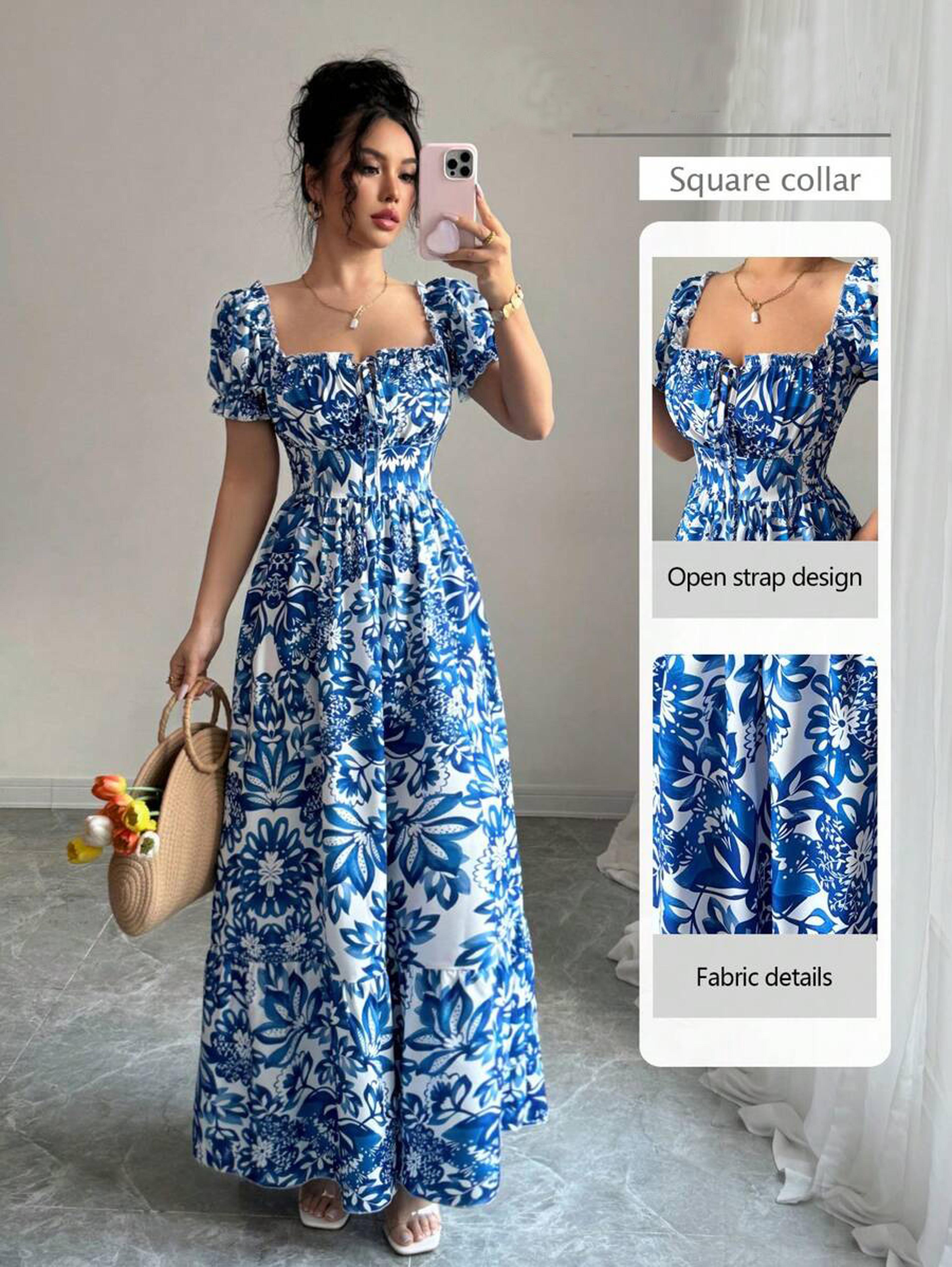 womens blue floral print maxi dress with puff sleeves and tie waist