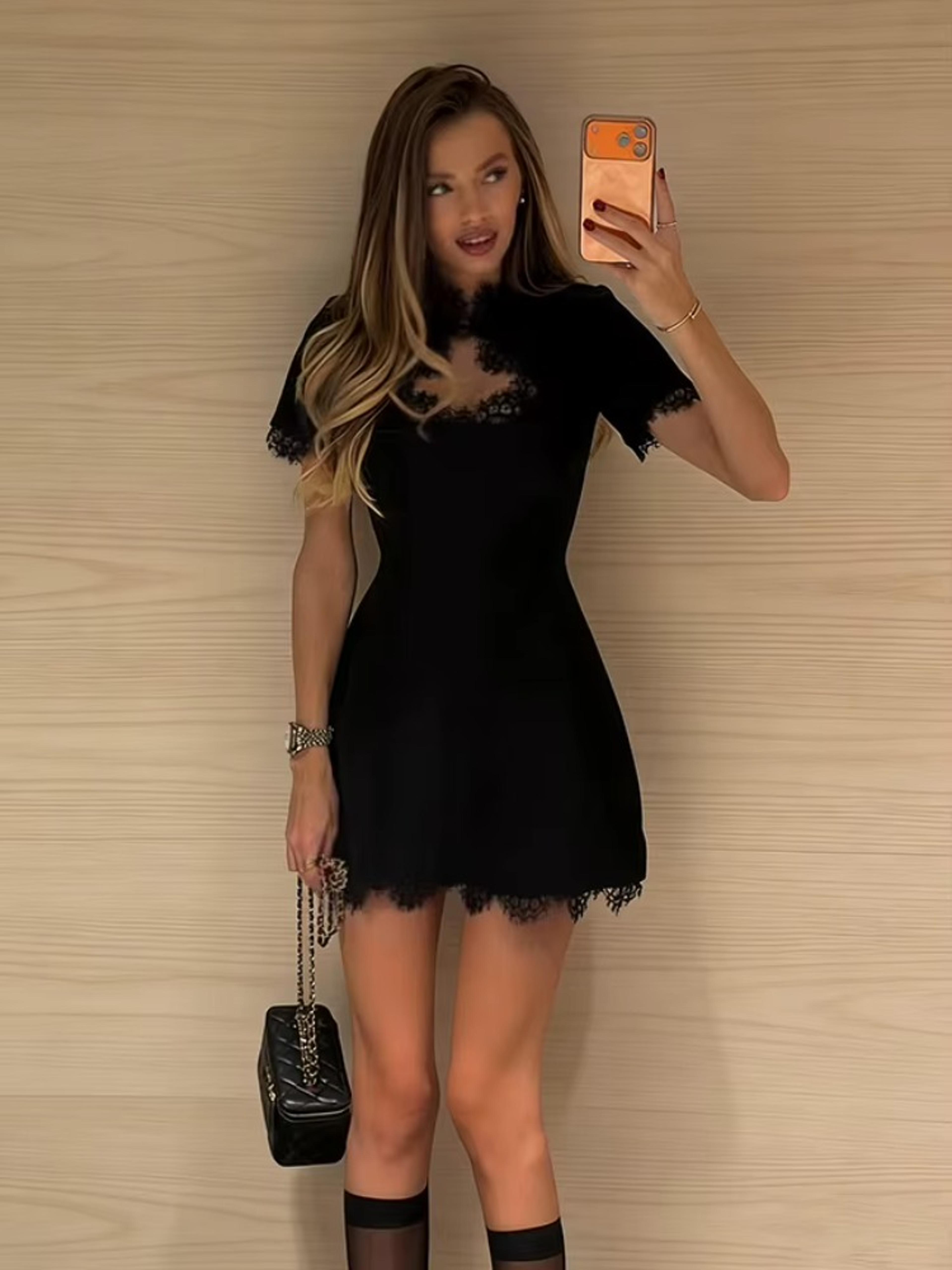 Womens Lace Hollow Out A Line Mini Dress With Half Sleeves 1