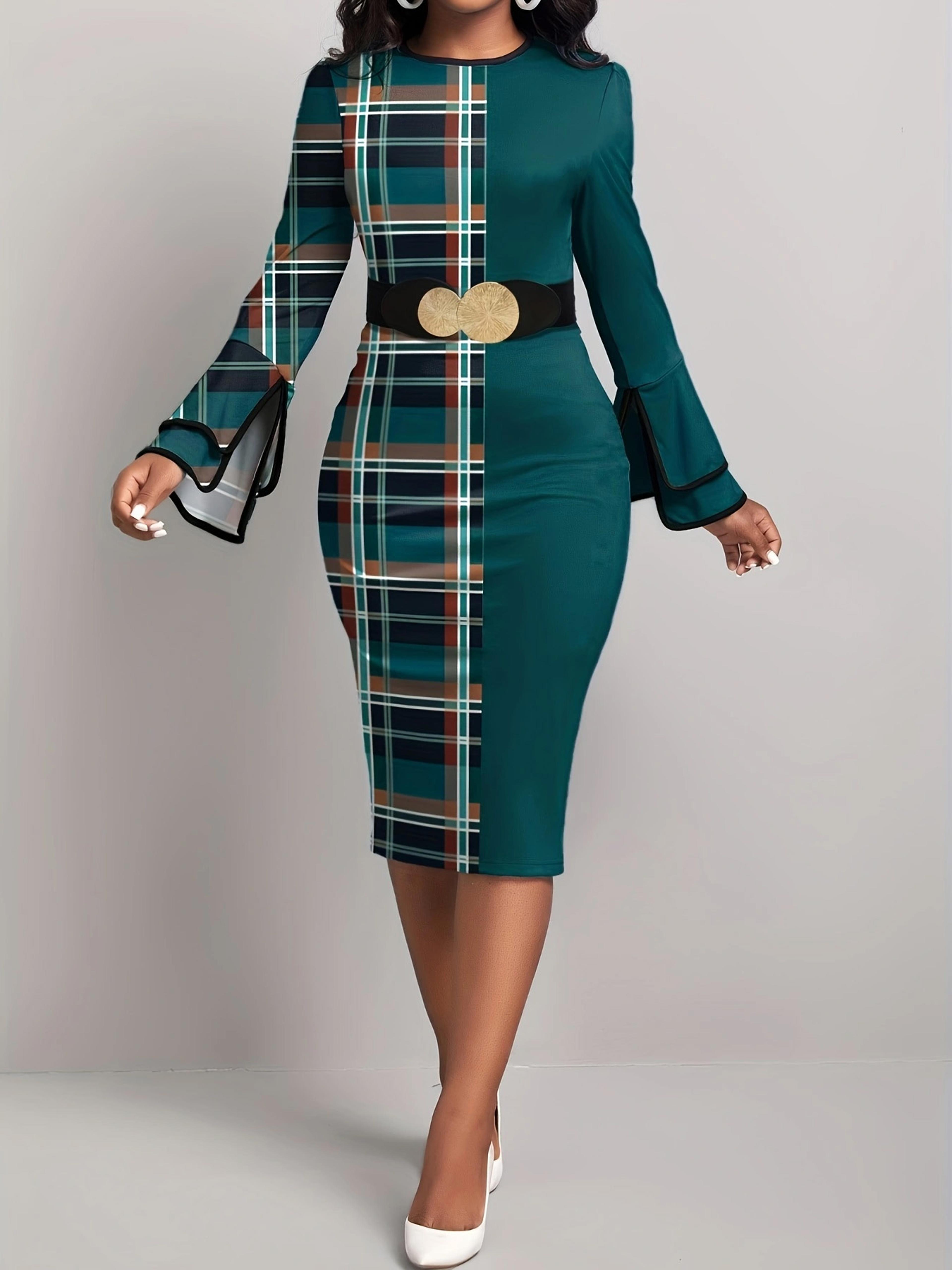 womens green plaid patchwork knee length dress with flare sleeves