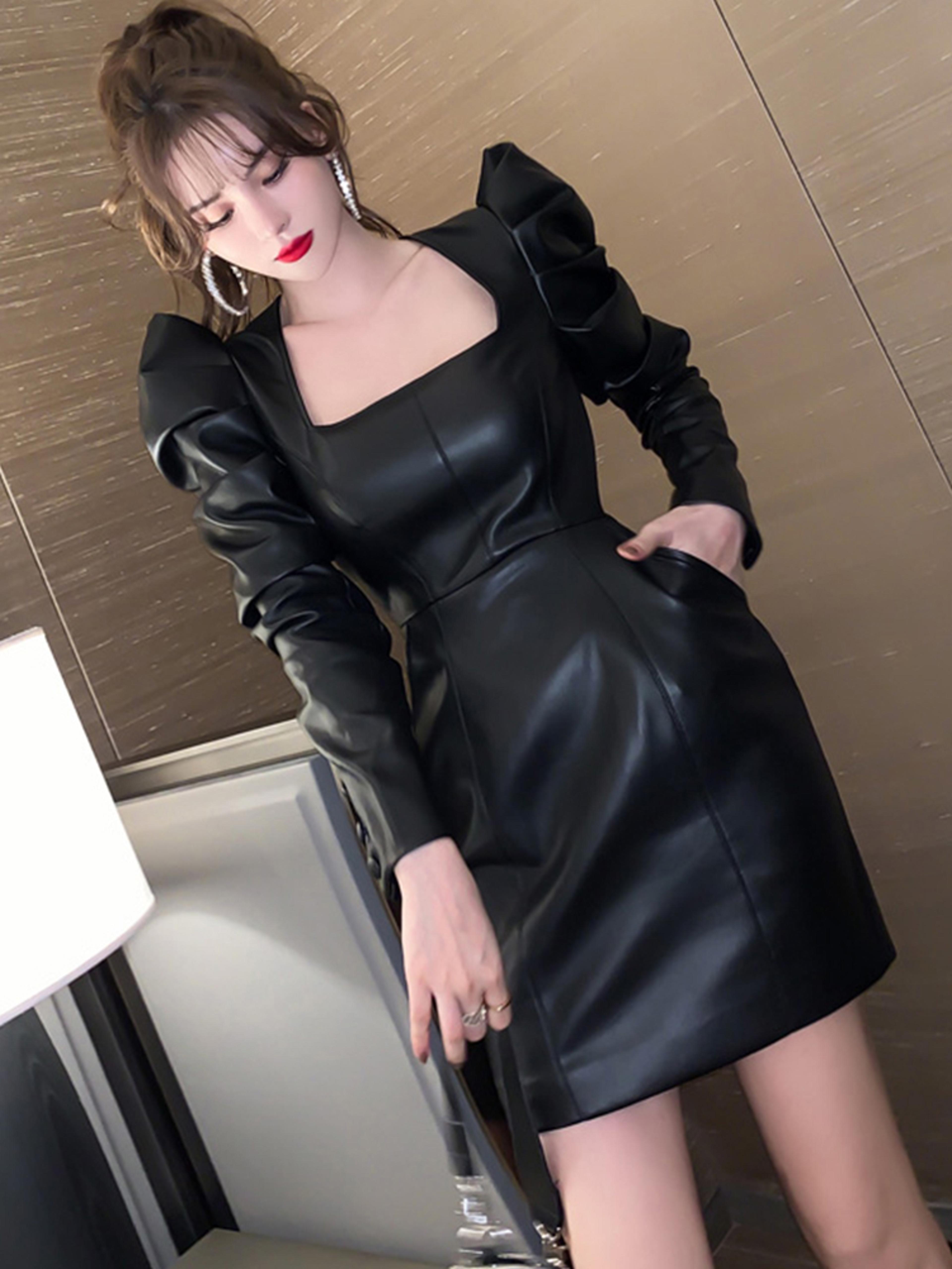 Womens Black Faux Leather Mini Dress With Square Neck And Puff Sleeves 6