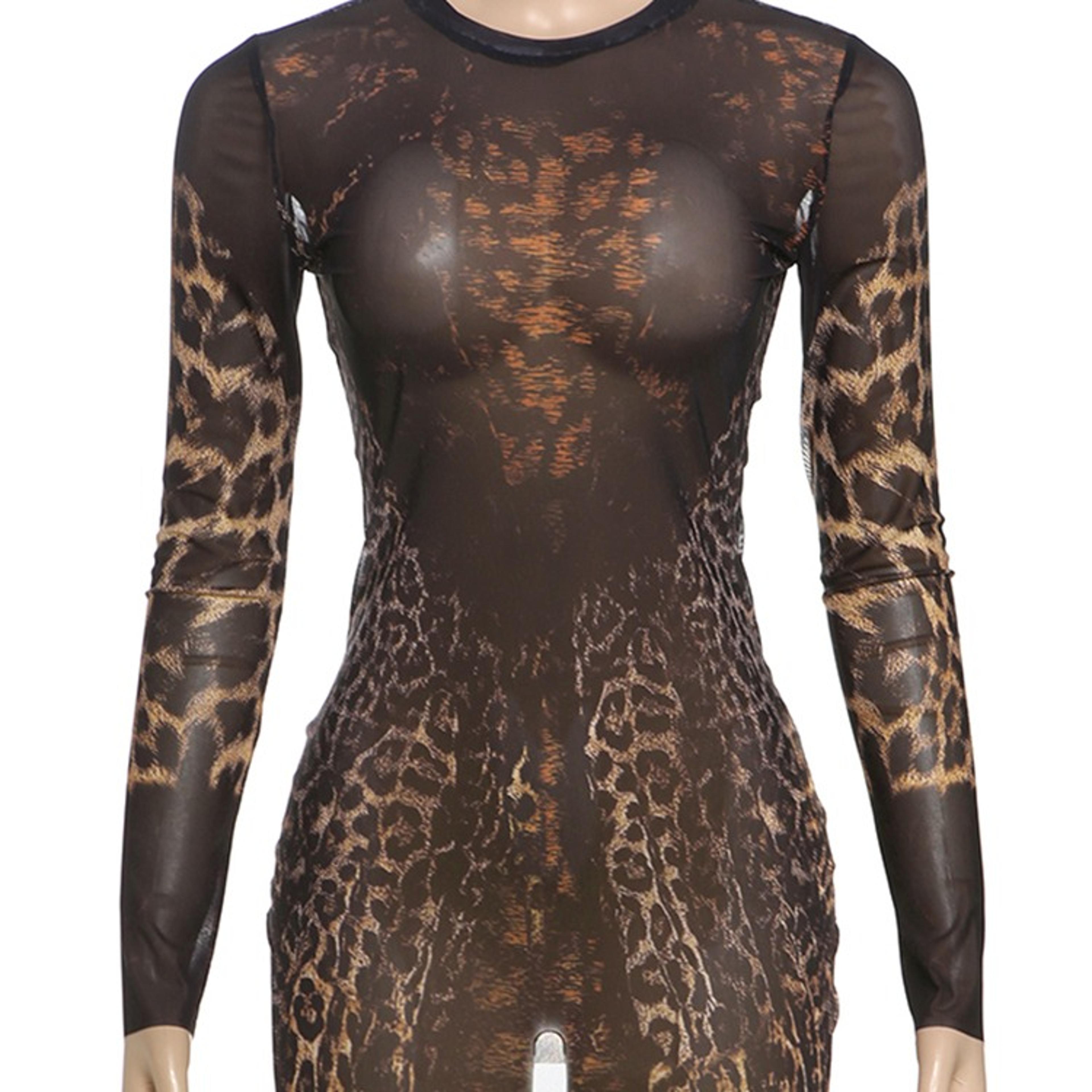 Womens Leopard Print Long Sleeve Sheer Mini Bodycon Dressjpg