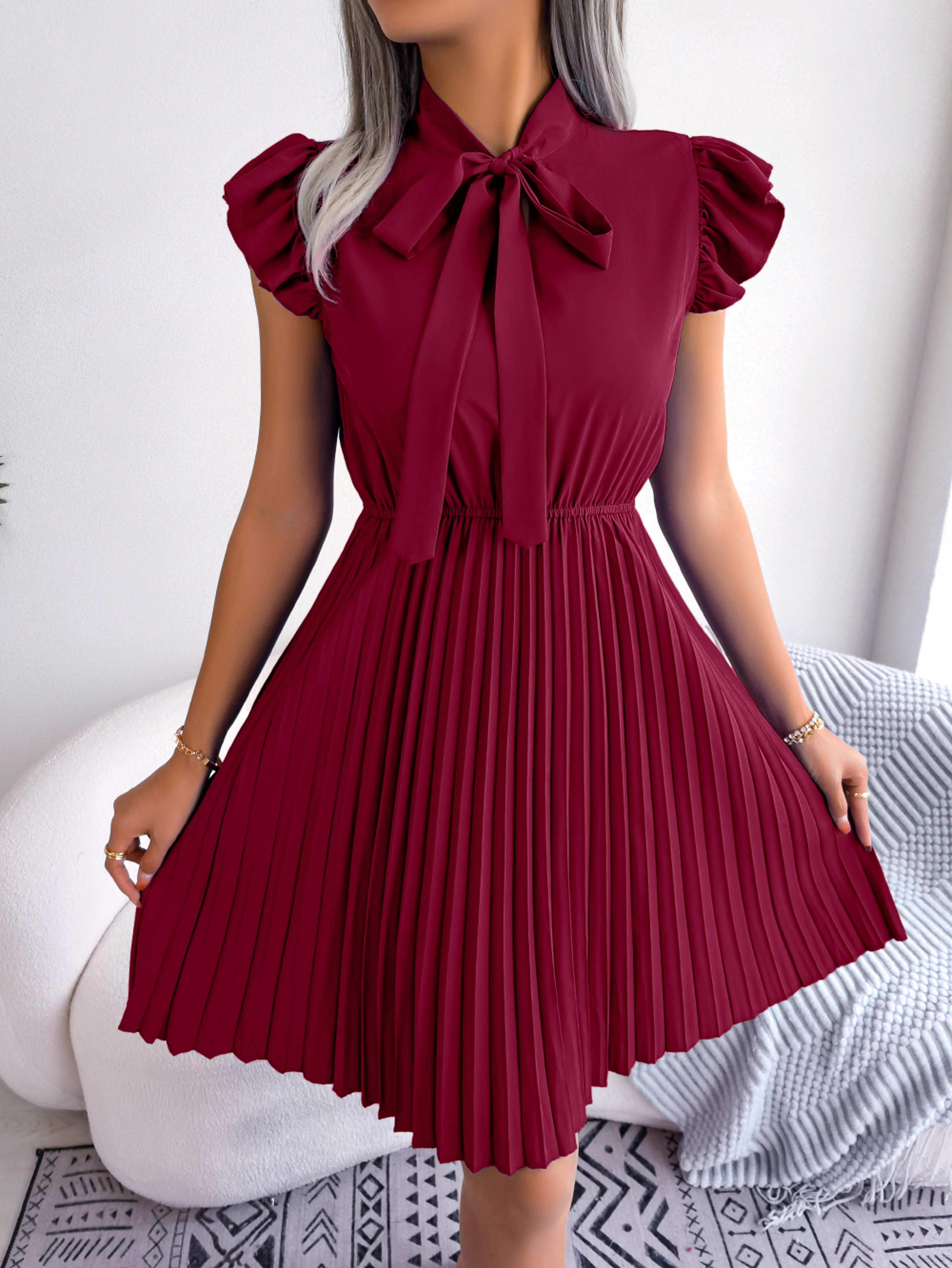 womens bow neck pleated mini dress with butterfly sleeves