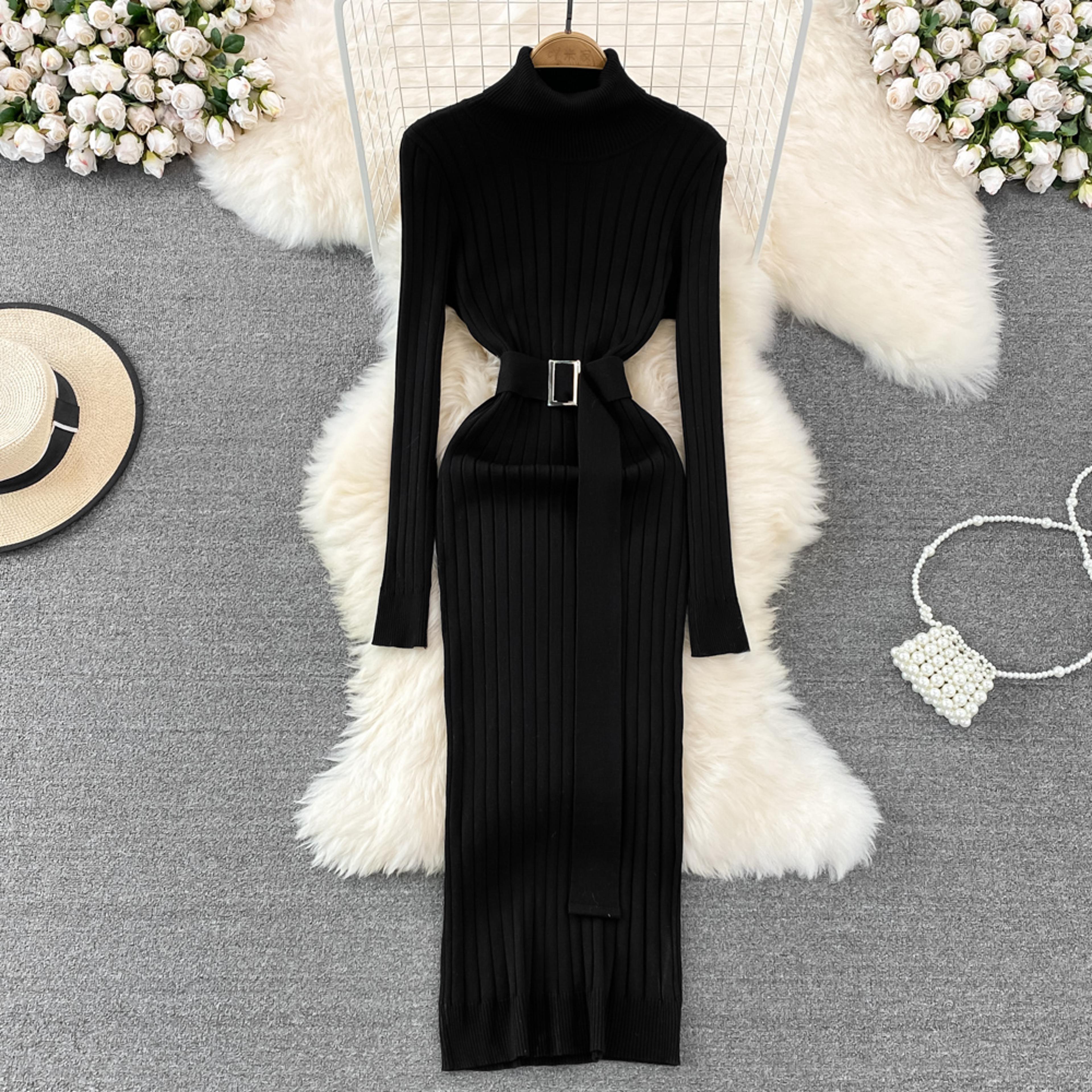 Womens Turtleneck Bodycon Sweater Dress With Long Sleeves And Waist Sash 4