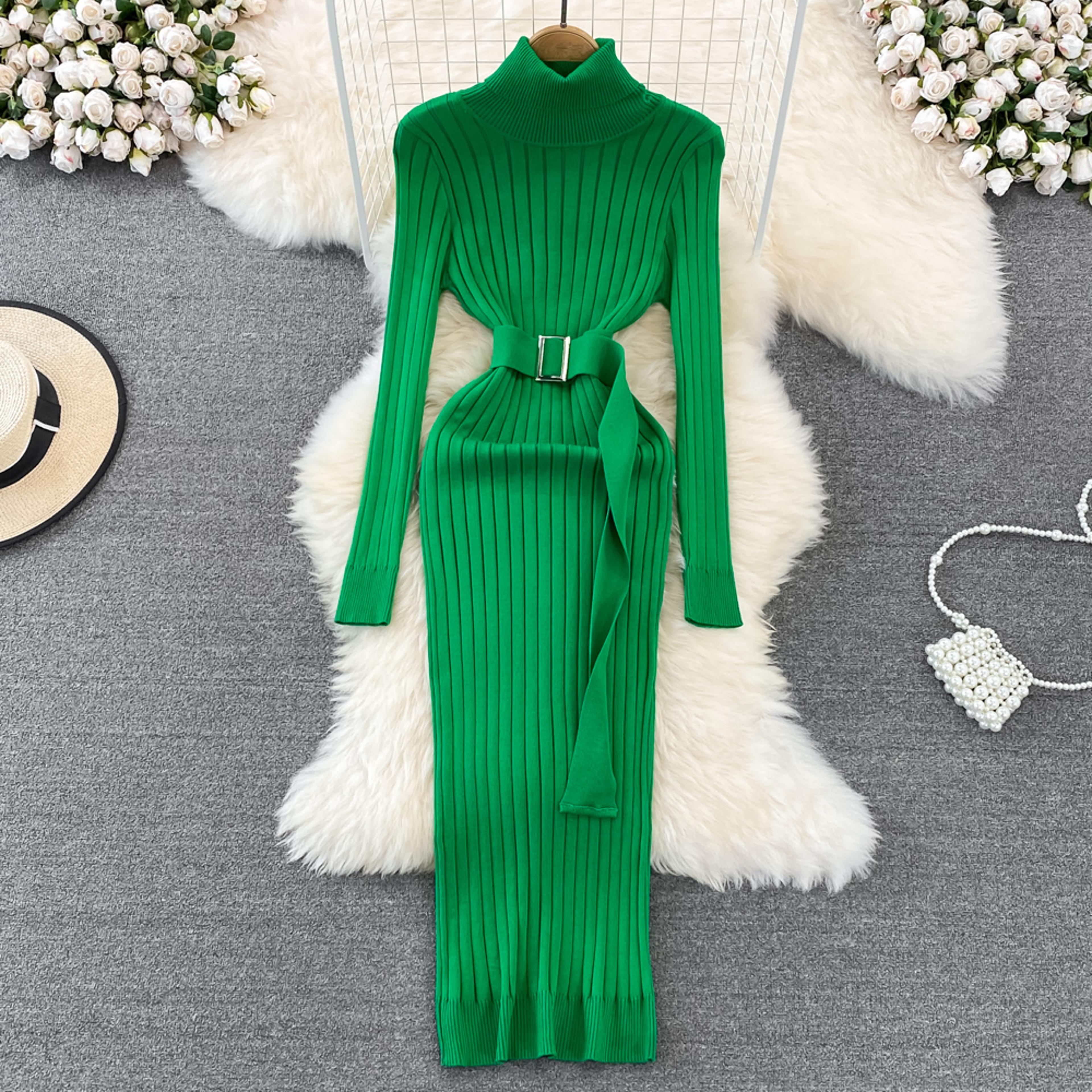 Womens Turtleneck Bodycon Sweater Dress With Long Sleeves And Waist Sash 6